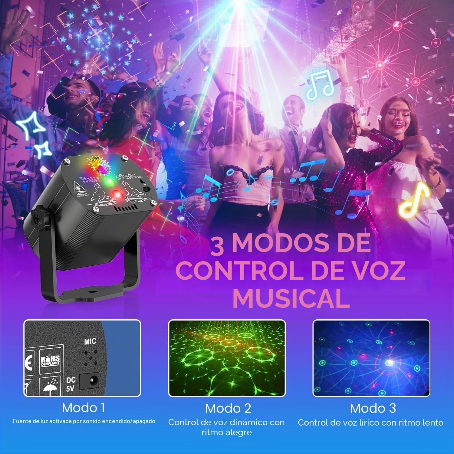 Luces Discoteca Luz Fiestacon Disco LED Karaoke Inalámbrico, Batería 4500 mAh Proyector 60 Patrones y Controlada por Música, Efecto Estroboscópico, Control Remoto y Cable USB 2 M, para Fiestas
