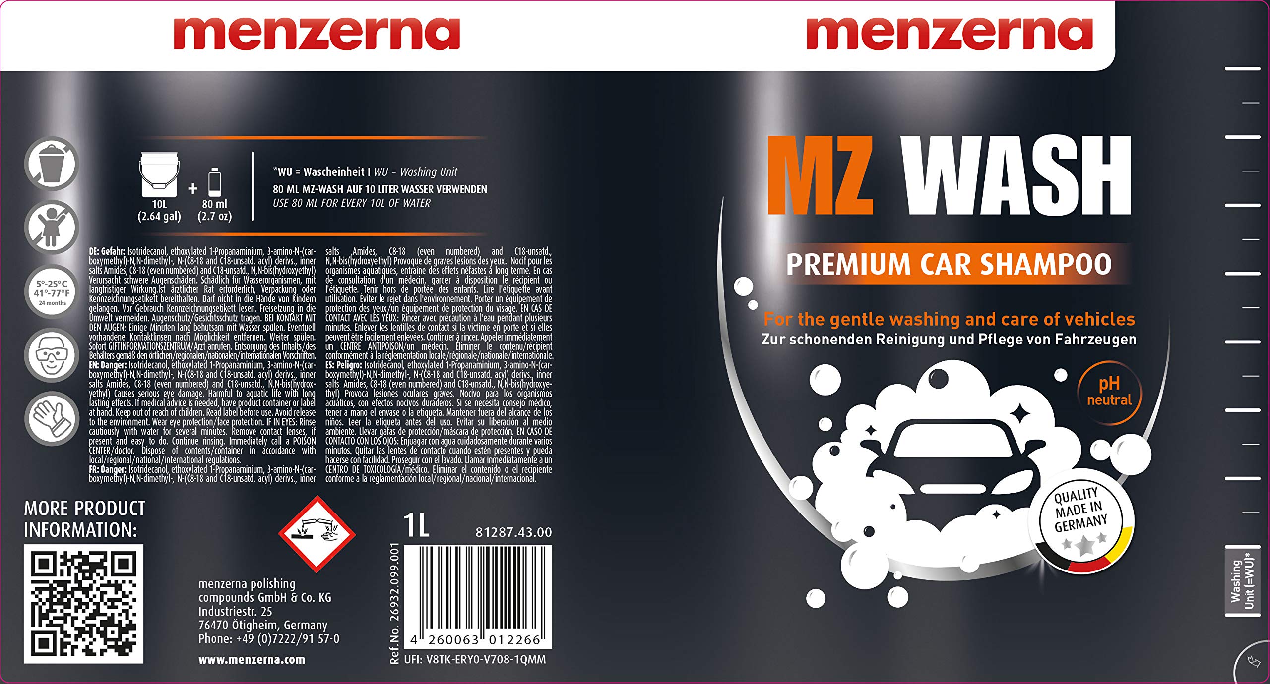 detailmate Autopflege Set: Menzerna MZ Wash Autoshampoo 1 Liter + Menzerna Wash Mitt Waschhandschuh Edgeless Superflausch Mikrofaser Trockentuch 550 GSM, 40x40cm