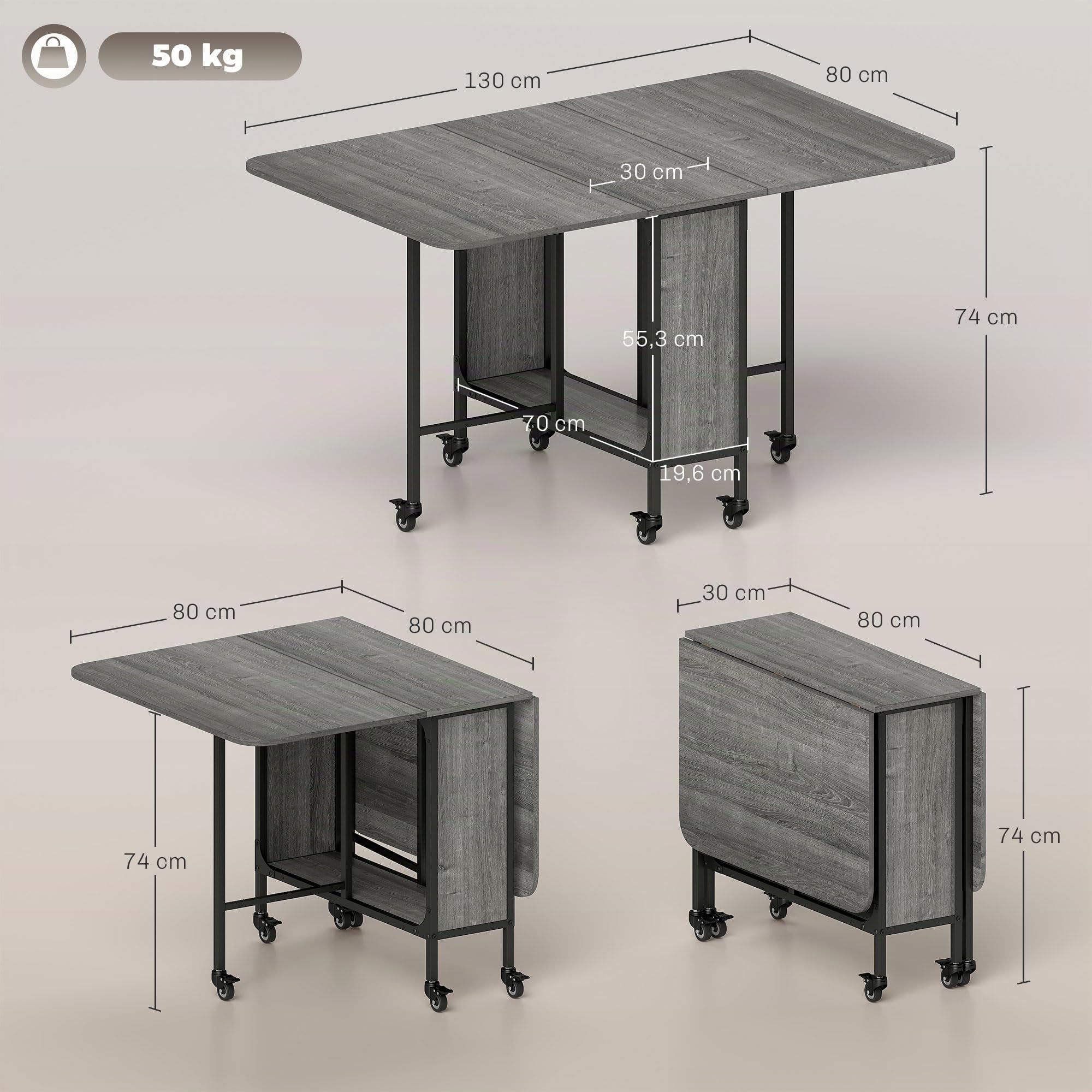 HOMCOM Mesa de Comedor Plegable, Mesa de Cocina Rectangular Plegable, Mesa Extensible con Ruedas para hasta 6 Personas, 6 Ruedas y Estante Integrado, para Espacios pequeños, Comedor, Gris | Mesa de cocina extensible con diseño plegable, estante de almacen