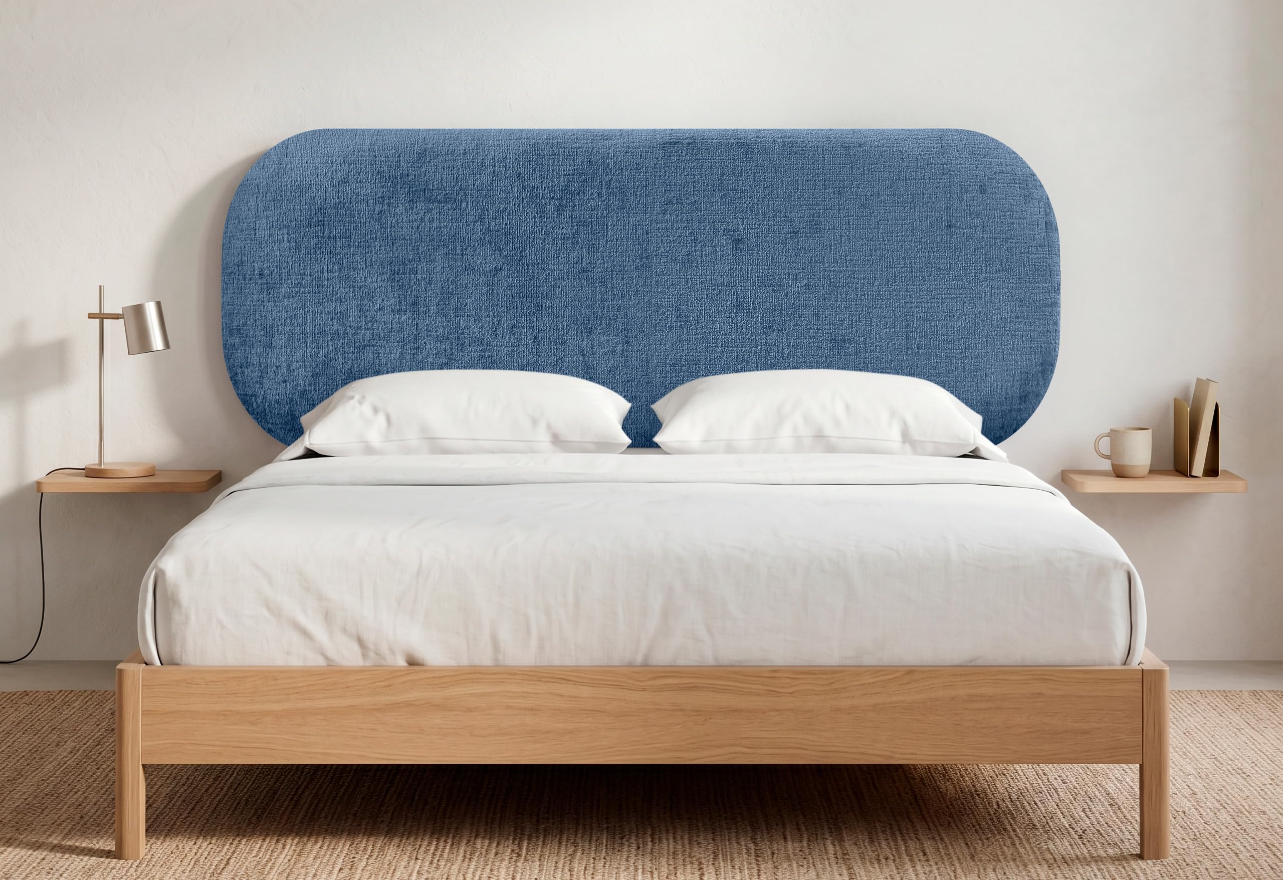 DHOME Cabecero Tapizado Curvo Liso Lana Ecológica Premium 50cm Altura para Pared Acústicos Cabeceros Absorbentes Cabezal Cama Dormitorio (Azul, 80cm)