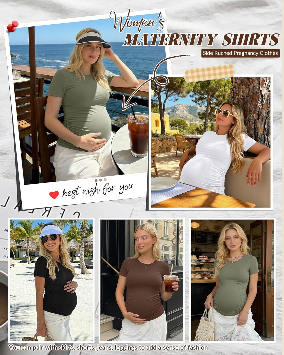 Huukeay 4 Pack Women's Maternity Shirts, Crew Neck Maternity Top Short Sleeve Casual Cotton Tee Side Ruched Pregnancy Clothes - Image 2