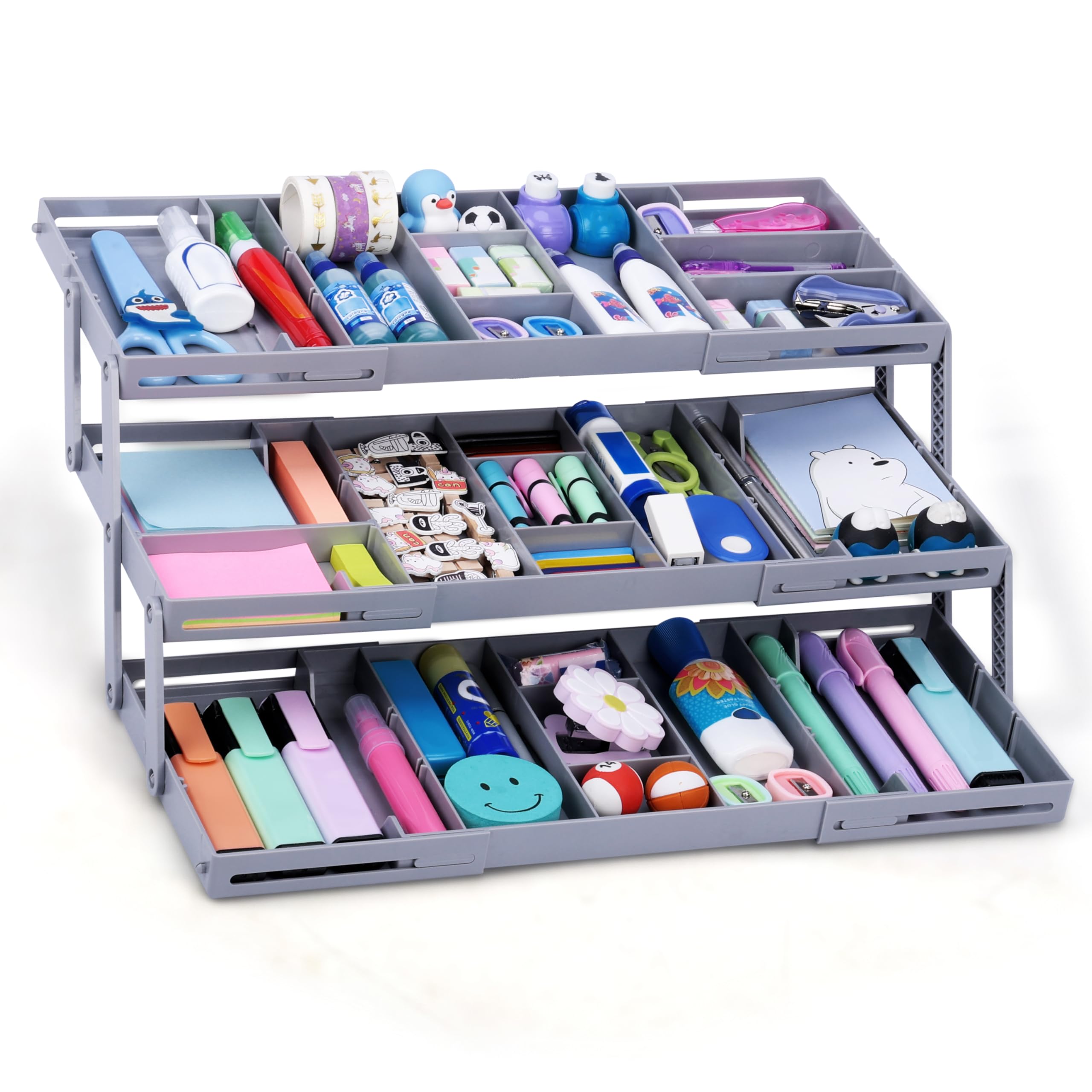 Belle Vous White With Silver Expandable Drawer Organiser - 3-Tier Smart Drawer Organiser For Makeup & Jewellery - Vanity Drawer Tidy Organiser With Multi Level Storage