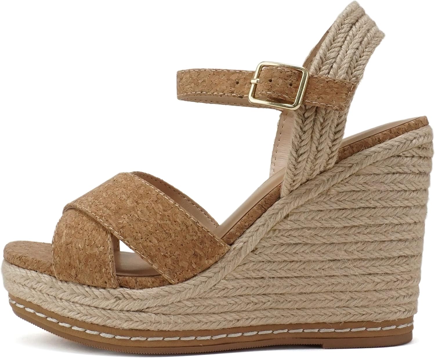Soda MELANY ~ Women Open Toe Crisscross Two Bands Upper Ankle Strap High Heel Espadrille Wedge Sandal (Natural Cork, us_footwear_size_system, adult, women, numeric, medium, numeric_7_point_5)