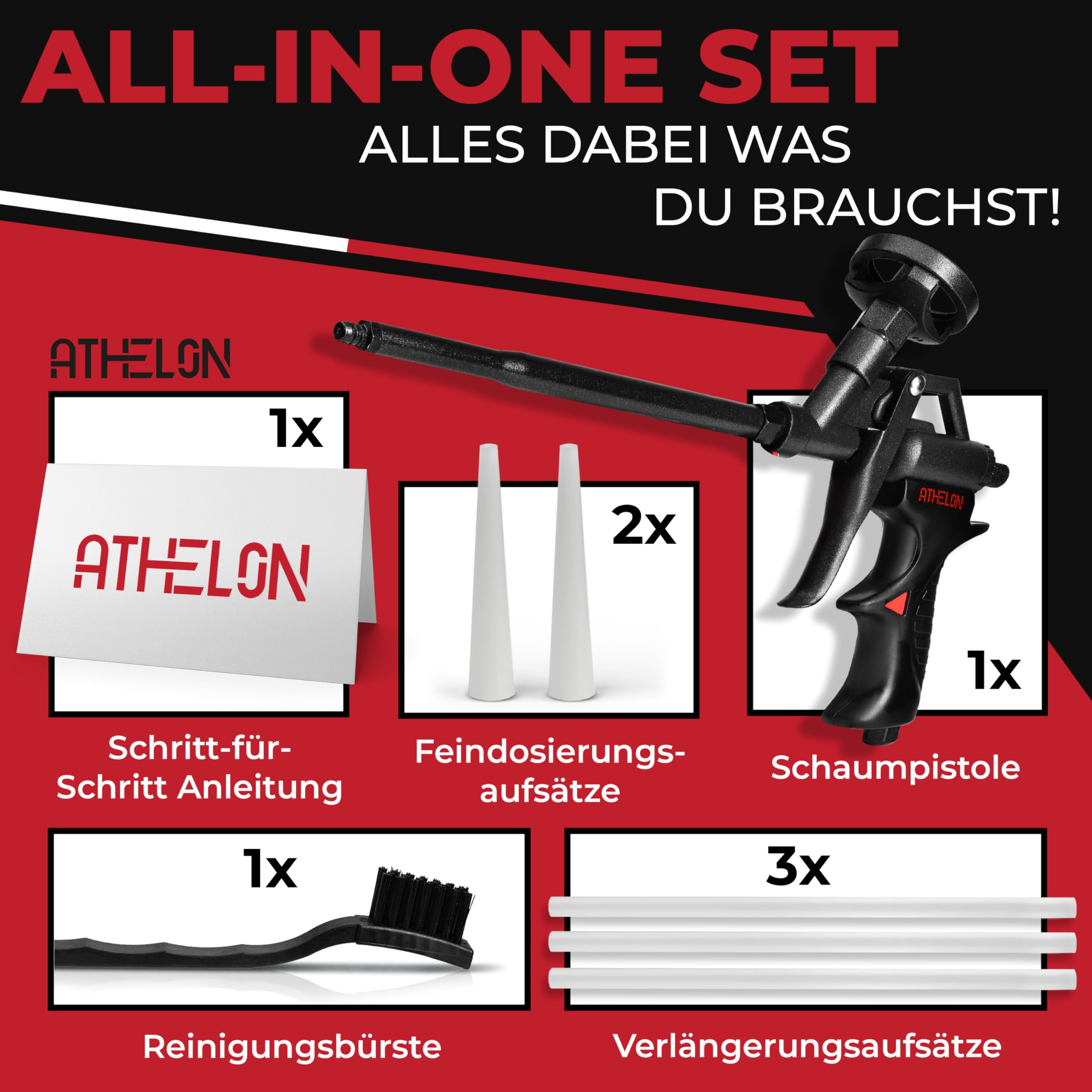 ATHELON® Pistola in schiuma PU – Pistola ergonomica in schiuma con rivestimento in teflon, valvola di dosaggio fine e inserti per un'applicazione precisa e semplice di schiuma di costruzione e schiuma
