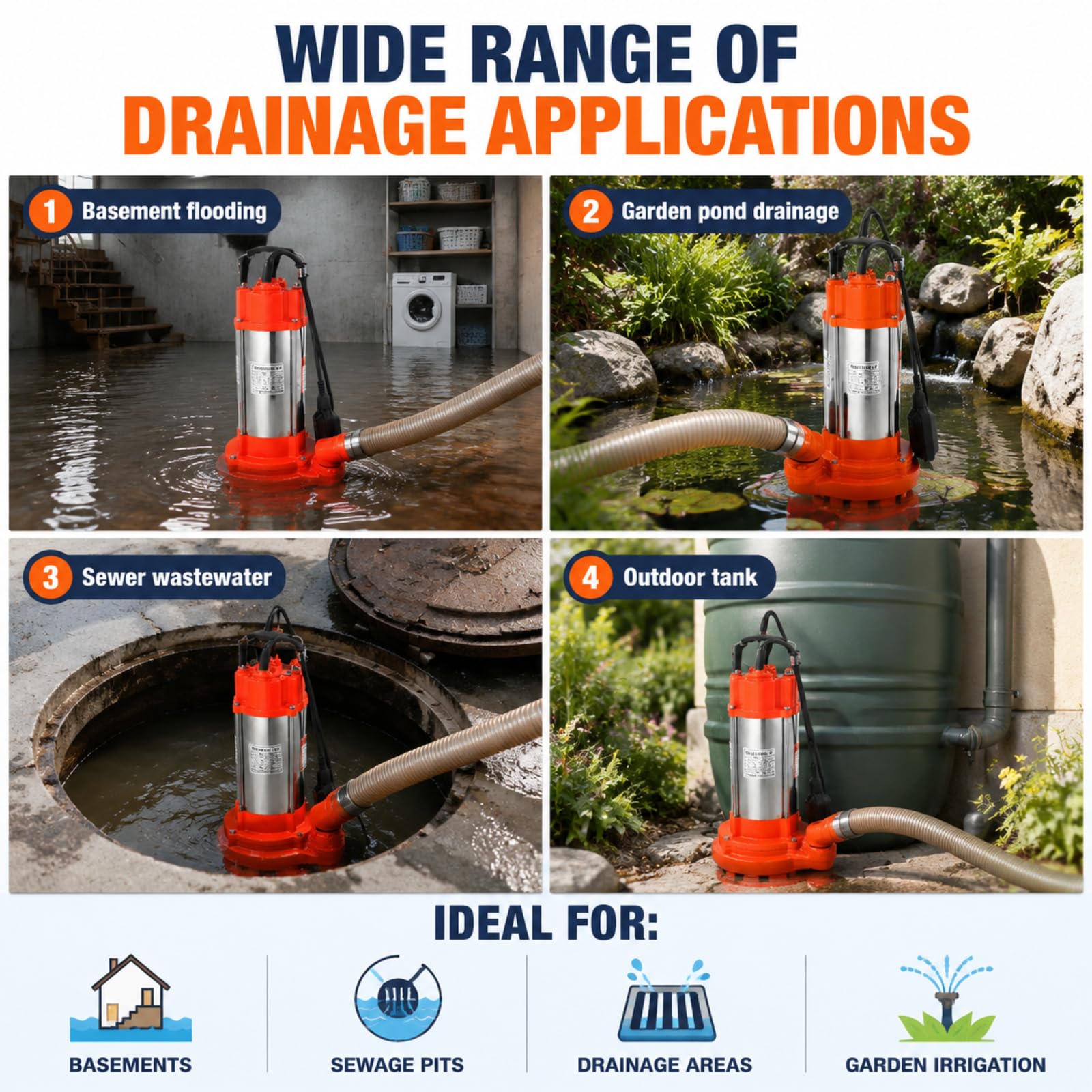 Pompa per acque reflue, 2200 W, 26000 l/h, pompa sommersa per acque reflue, pompa sommersa con interruttore galleggiante, in acciaio inossidabile, prevalenza 25 m, pompa per liquami con maniglia