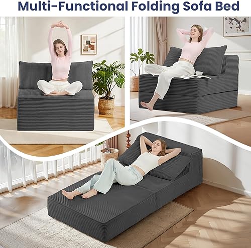 Miniatura 7 de Sofá cama convertible, sofá biplaza plegable con almohada, sofá cama plegable con soporte para la espalda, silla portátil, cómodo sofá de piso para