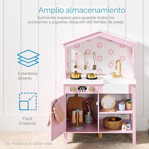 Miniatura 3 de Best Choice Products Juego de cocina de madera para niños con almacenamiento de juguetes, perillas de clic, ventanas, 5 accesorios incluidos, salvia