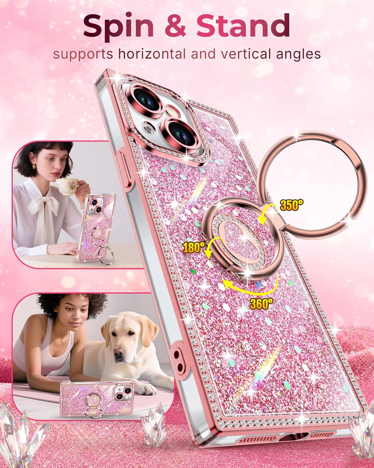 XYZ for iPhone 15 Case, Glitter Bling Phone Cover with 2-Ring Heart Stand & Lanyard, Women Girls Luxury Rhinestone Shockproof Protective Case for iPhone 15, Pink - Image 2