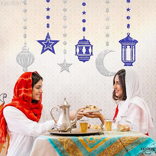 Miniatura 6 de KatchOn, Pancarta de feliz Ramadán plateado y azul  6 cuerdas, sin bricolaje  Decoración de luna de Ramadán para decoraciones colgantes de Ramadán
