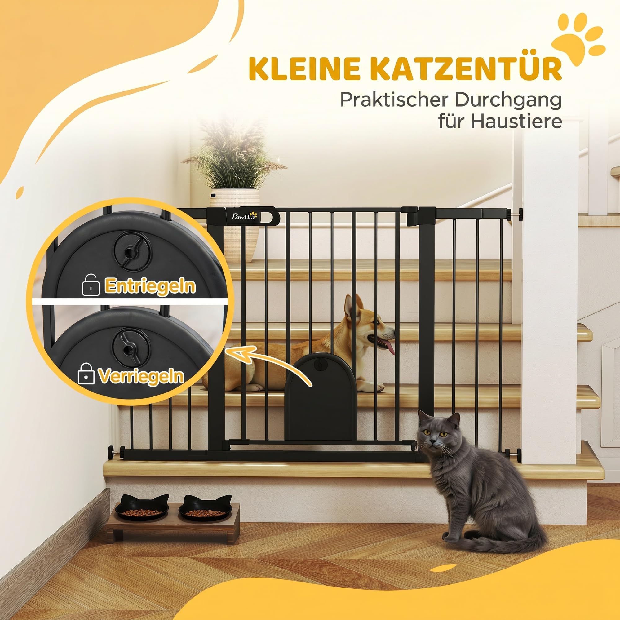 PawHut Türschutzgitter Klemmbefestigung für Haustier 75-131 x 76 cm Schwarz | Hunde Absperrgitter, Schutzgitter für Haustier, Klemmbefestigung, Stahl