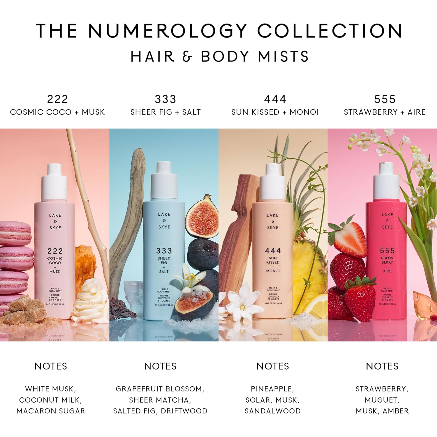 Lake & Skye Limited Edition Hair & Body Mist Discovery Set, 4 x 1 OZ, 222 Cosmic Coco + Musk, 333 Sheer Fig + Salt, 444 Sunkissed + Monoi, 555 Strawberry + Aire, Vegan, Paraben-Free