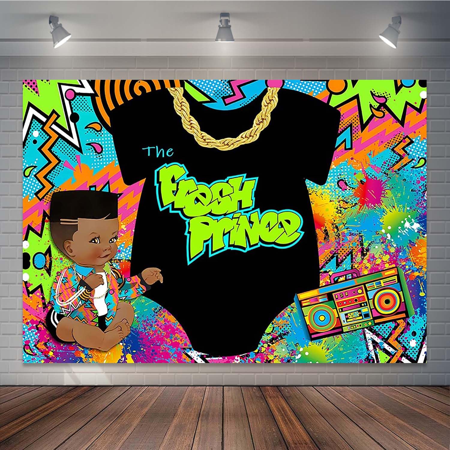 Joliaco The Fresh Prince Baby Shower Backdrop Hip Pop Graffiti Gold Chain Radio Background Throwback to 80s 90s Boy Baby Shower Party Cake Table