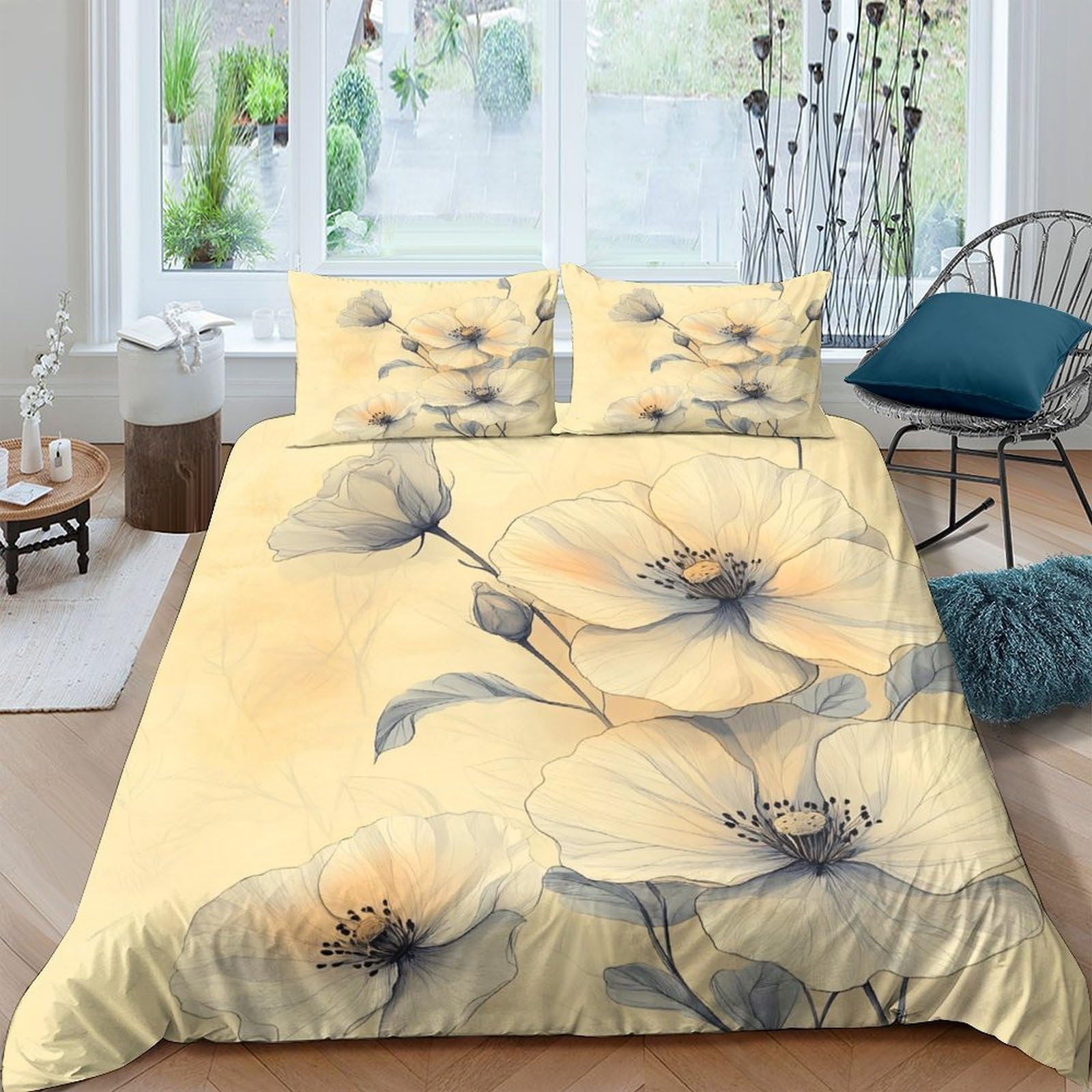 Ctjqhvkz Style-9 3D Printed Watercolor Poppy Fitted Sheet Microfiber Soft Yellow Floral Mattress Cover For Bedroom Guest Room Decor Single（135X200cm）