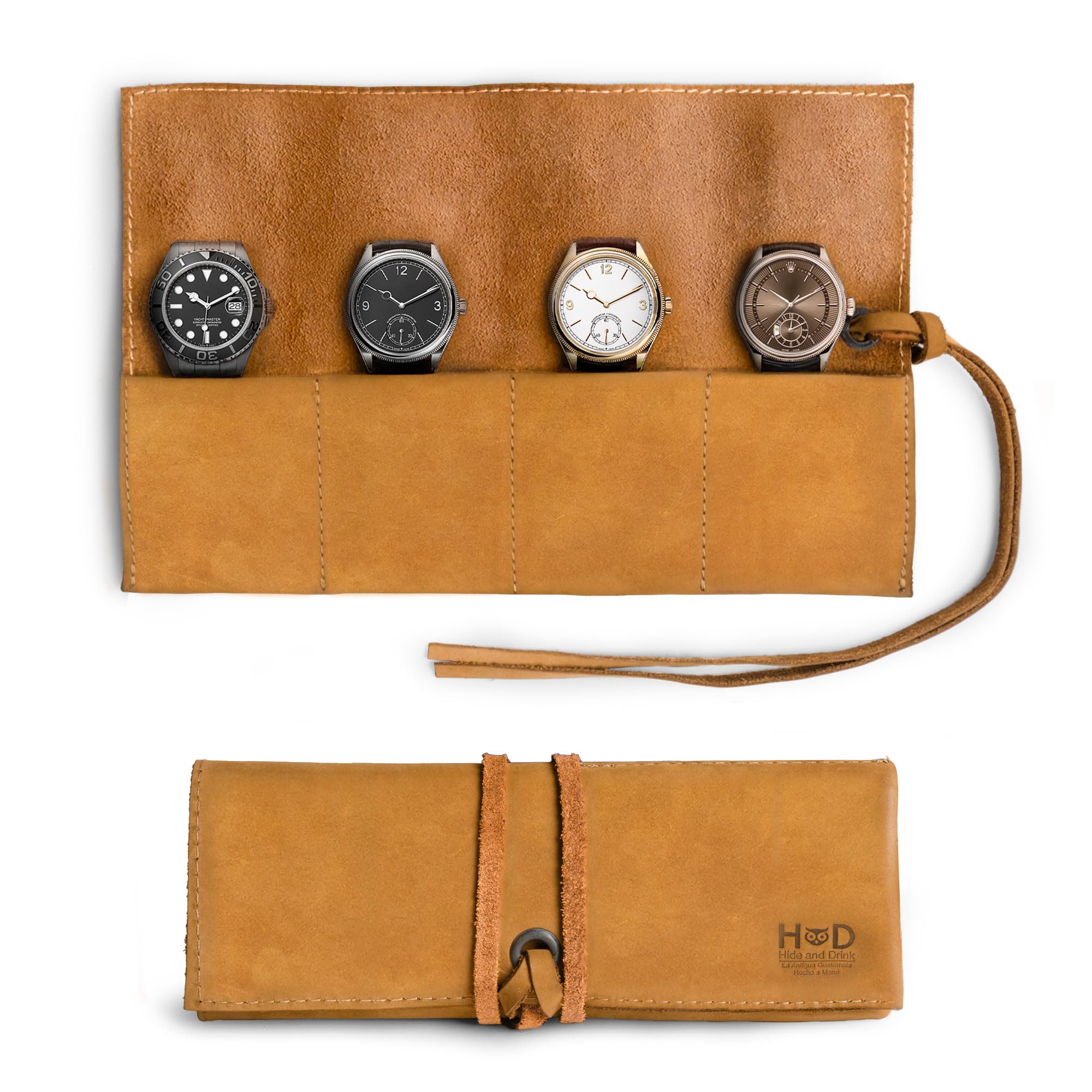 Hide &amp; Drink, Leather Watch Roll Organizer Handmade from Full Grain Leather, Holds Up to 4 Watches, Easy Carry On Watchlover Storage (Old Tobacco)