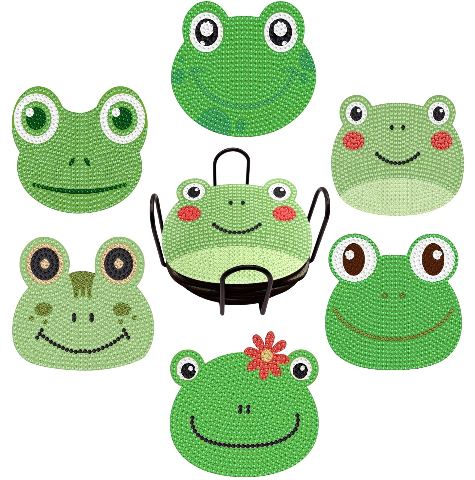 Bulerrylulu 6 Pcs Diamond Painting Coasters Kits with Holder,Animals Diamond Art Coasters Set for Drinks Coffee Table, Gem Painting kit for Beginners Adults DIY Art Craft Gifts Home Decors (Frog)