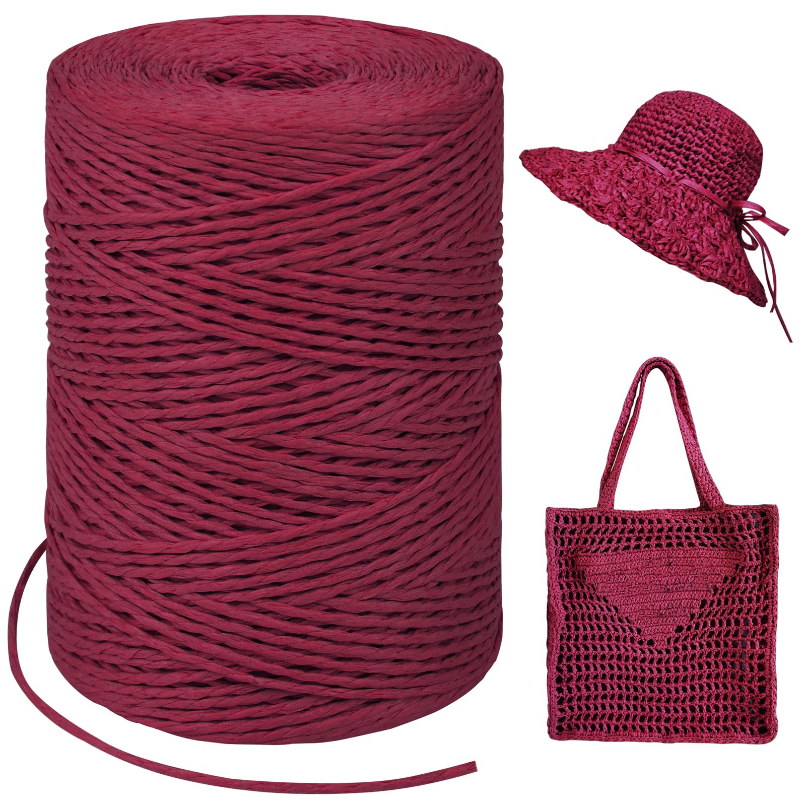 Red Raffia Yarn for Crochet Bags, 1.5mm x 328 Yards Round String Raffia Ribbon for Gift Wrapping, Raffia Paper Ribbon Yarn for Crocheting Sun Hat, Bag, DIY Crafts, Holiday Decoration