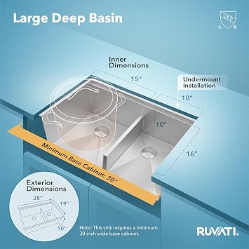 Ruvati 28-inch 60/40 Double Bowl Kitchen Sink - Undermount Low Divide 16 Gauge Stainless Steel Kitchen Sink with Brushed Finish hides scratches, Easy-to-Clean Undermount Sinks - RVH8341