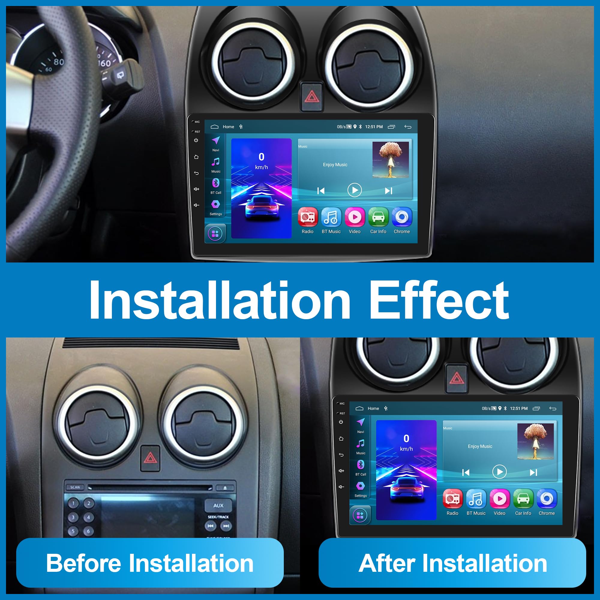Android Radio de Coche 2 DIN para Nissan Qashqai 2006-2016 con Navi GPS WiFi 9 Pulgadas Pantalla Radio de Coche con Mirror Link Bluetooth FM/RDS/Dab+/DVR/OBD2/USB Control del Volante Cámara Trasera