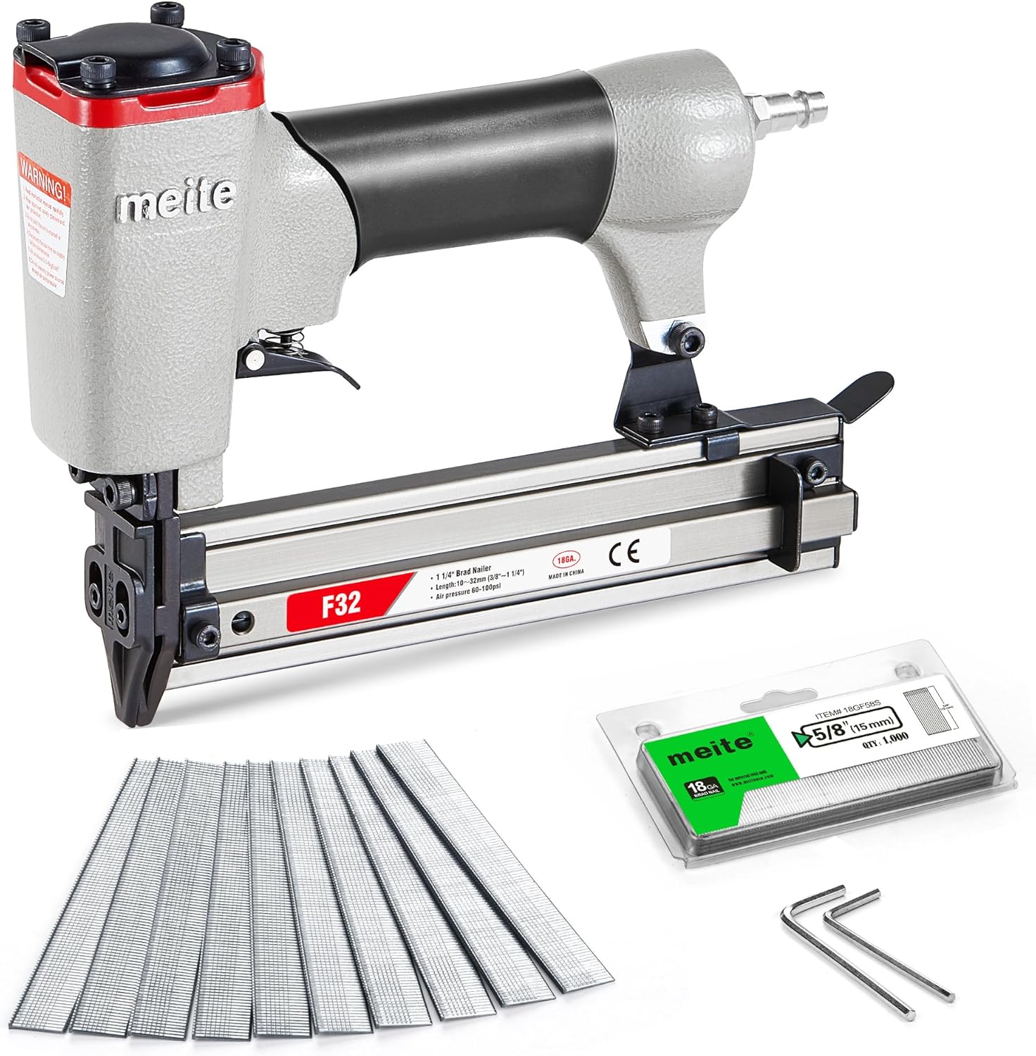 meite F32 Pneumatic Brad Nailer Kit Includes 1,000pcs 18 Gauge Brad Nails 5/8-Inch, Small Finishing Nail Gun Nails Ideal for Trim Work, Furniture Building & Finish Applications