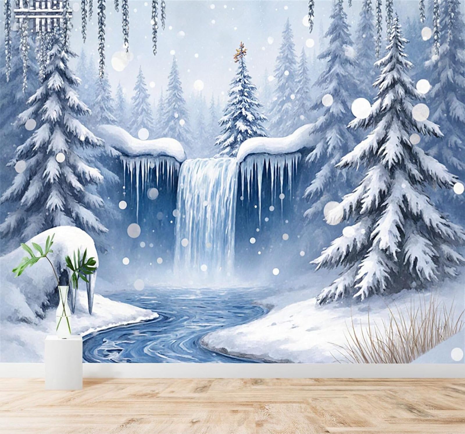 XLMING Winter Forest Pine Trees Waterfall Snowy Landscape 3D Wallpaper Silky Texture Home Study Office Grey Dining Room Sofa Bedroom Living Room TV Backdrop-350cm×256cm