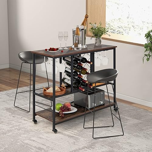 Miniatura 3 de Giantex Armario de bar de vinos de 3 niveles con ruedas, estante para 8 botellas y colgador de 12 vasos, mesa de vino de madera con marco de metal,