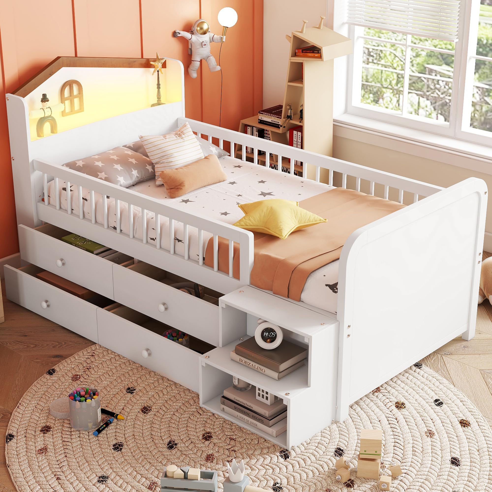 Duxelifin Twin Low Loft Bed with Stairs, Kids Loft Bed Frame with Storage, Wood Lofted Twin Bed with LED & House Shape Headboard for Kids, Girls and