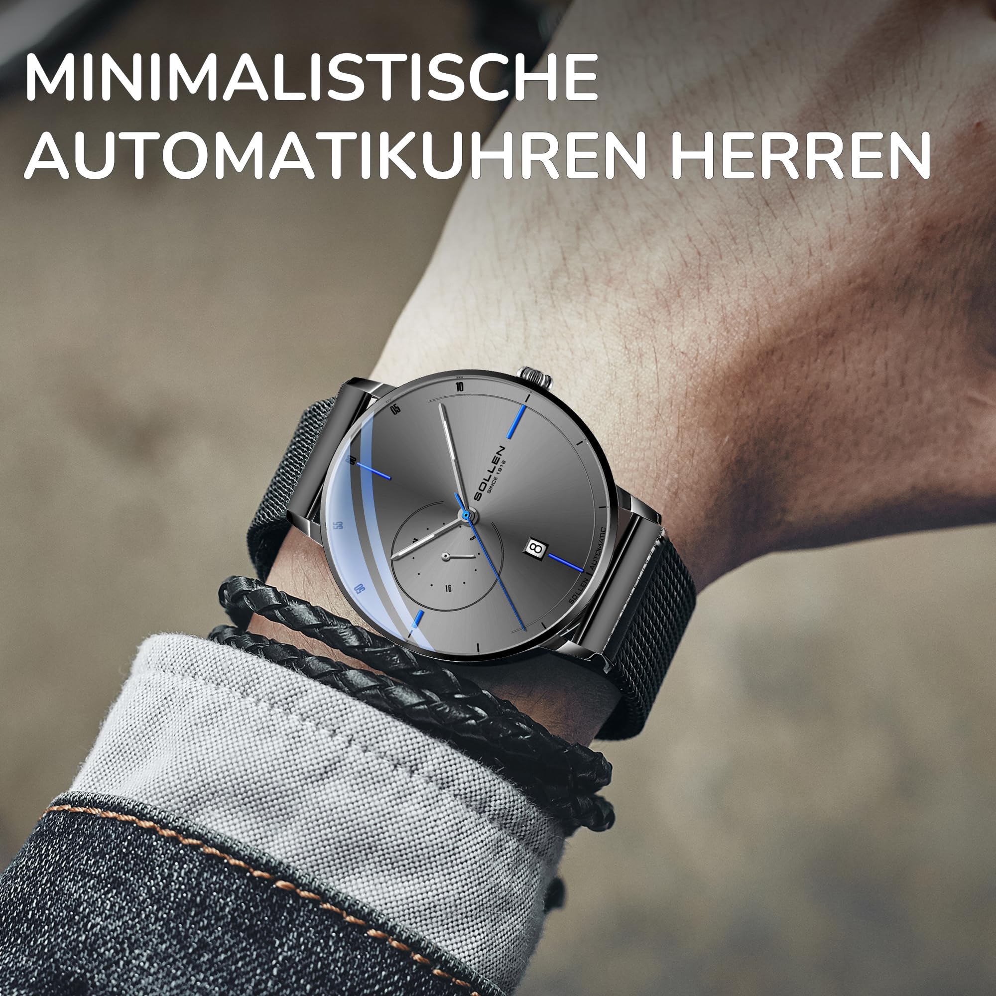 SOLLEN Minimalistische Automatikuhren Herren,Grau Automatische Herrenuhren,Originales Mechanisches Uhrwerk,3ATM Wasserdicht Leuchtend Selbstaufzug Herrenuhr mit Kalendar,Business Armbanduhr für Männer