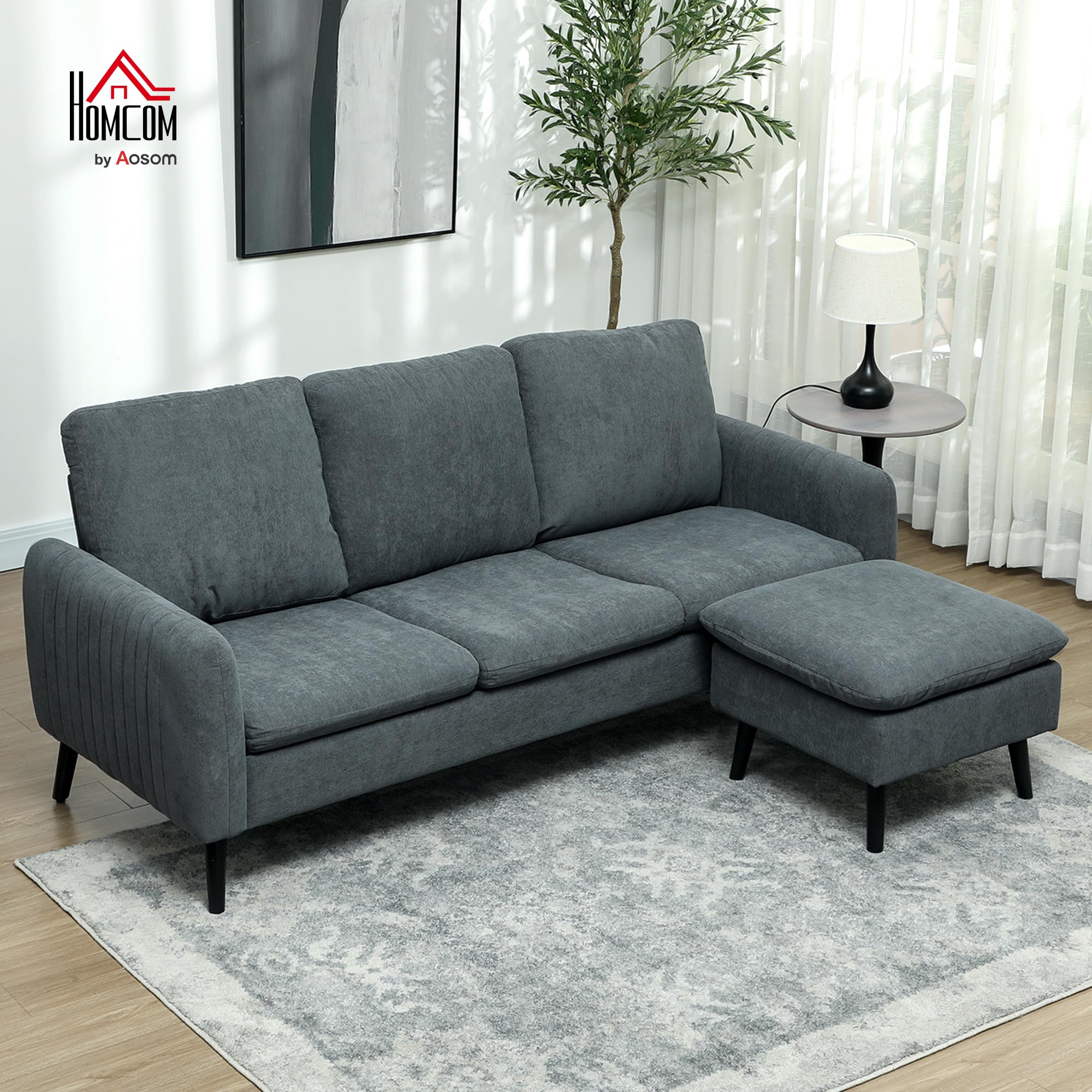 HOMCOM Divano Angolare 3 Posti, Divano ad Angolo con Chaise Longue Reversibile 196x140x88 cm, Divano a L Modulare con Poggiapiedi Rimovibile in Tessuto a Coste per Salotto e Soggiorno, Grigio Carbone