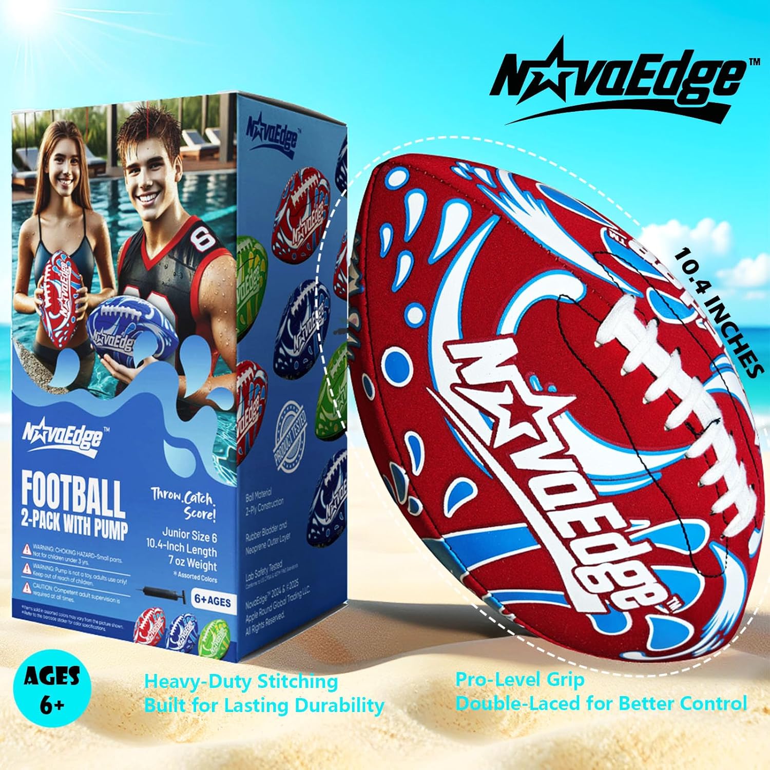 Hydro Water Football - 10.4-Inch Neoprene Pool Football for All Ages | for Water Play in Pool, Lake & Beach | Secure-Grip with Real Laces | Includes Pump | Choose 1 or 2 Ball Pack