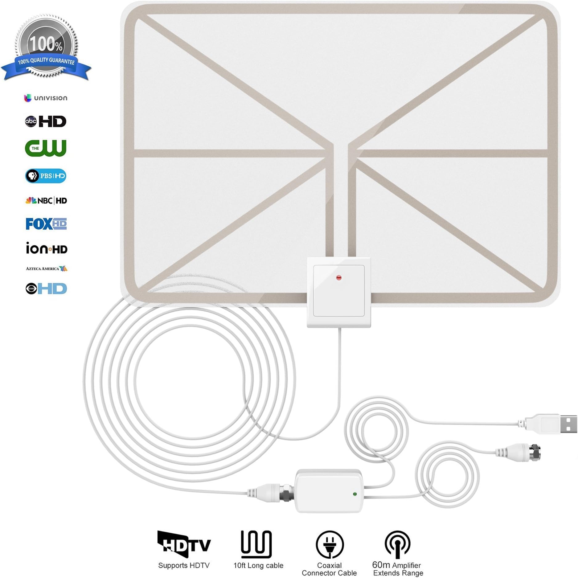 QERY 50 Miles 1080P Digital TV Antenna , Indoor Amplified HDTV Antenna with Detachable Amplifier Signal Booster, USB Power Supply and 16.5FT High Performance Coax Cable - Better Reception … (white)