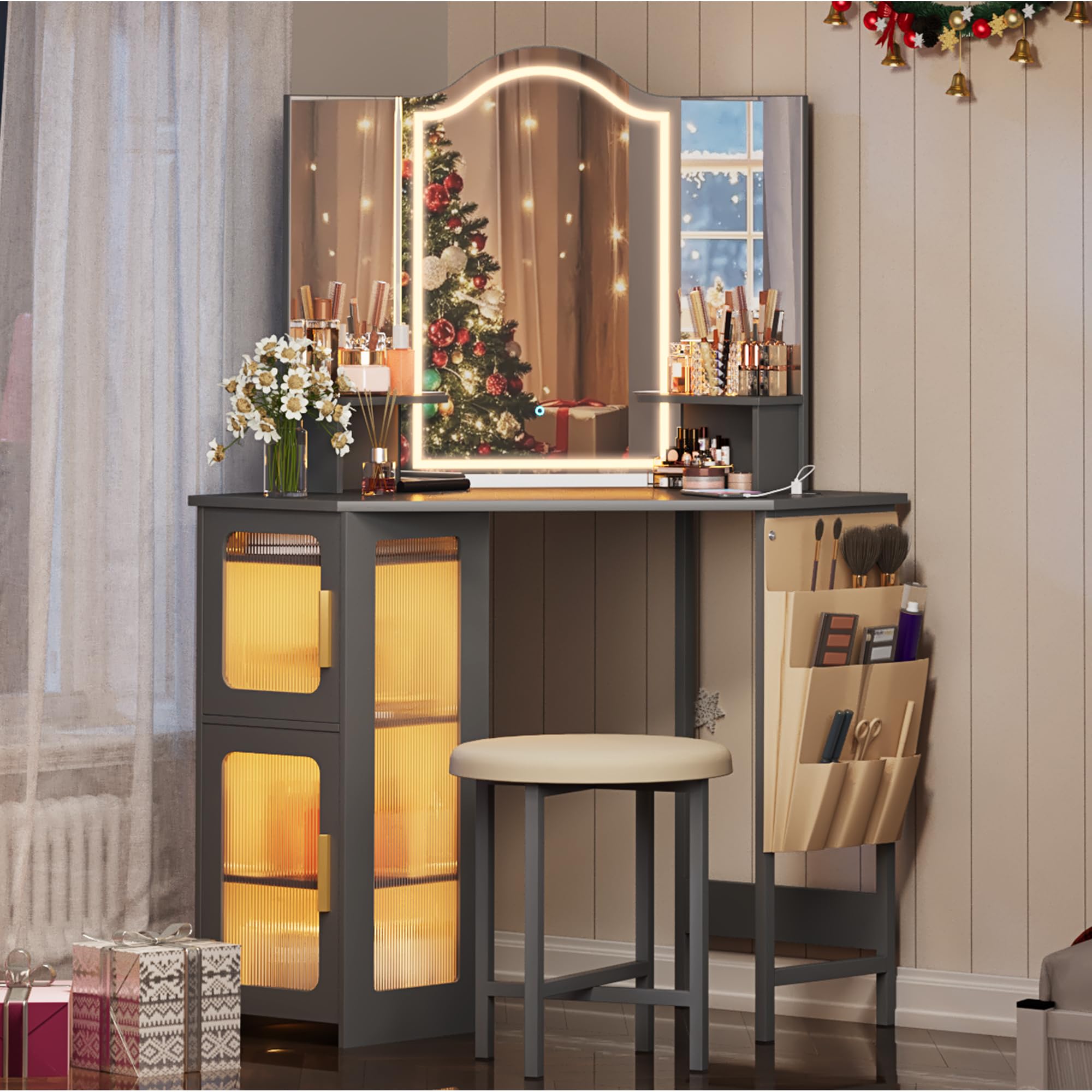 LVSOMT Corner Makeup Vanity Desk with Mirror and Lights, Dressing Table with Charging Station, Makeup Table with Stool, Storage Cabinet and Adjustable Shelf, Bedroom Vanity for Girls Women, Grey