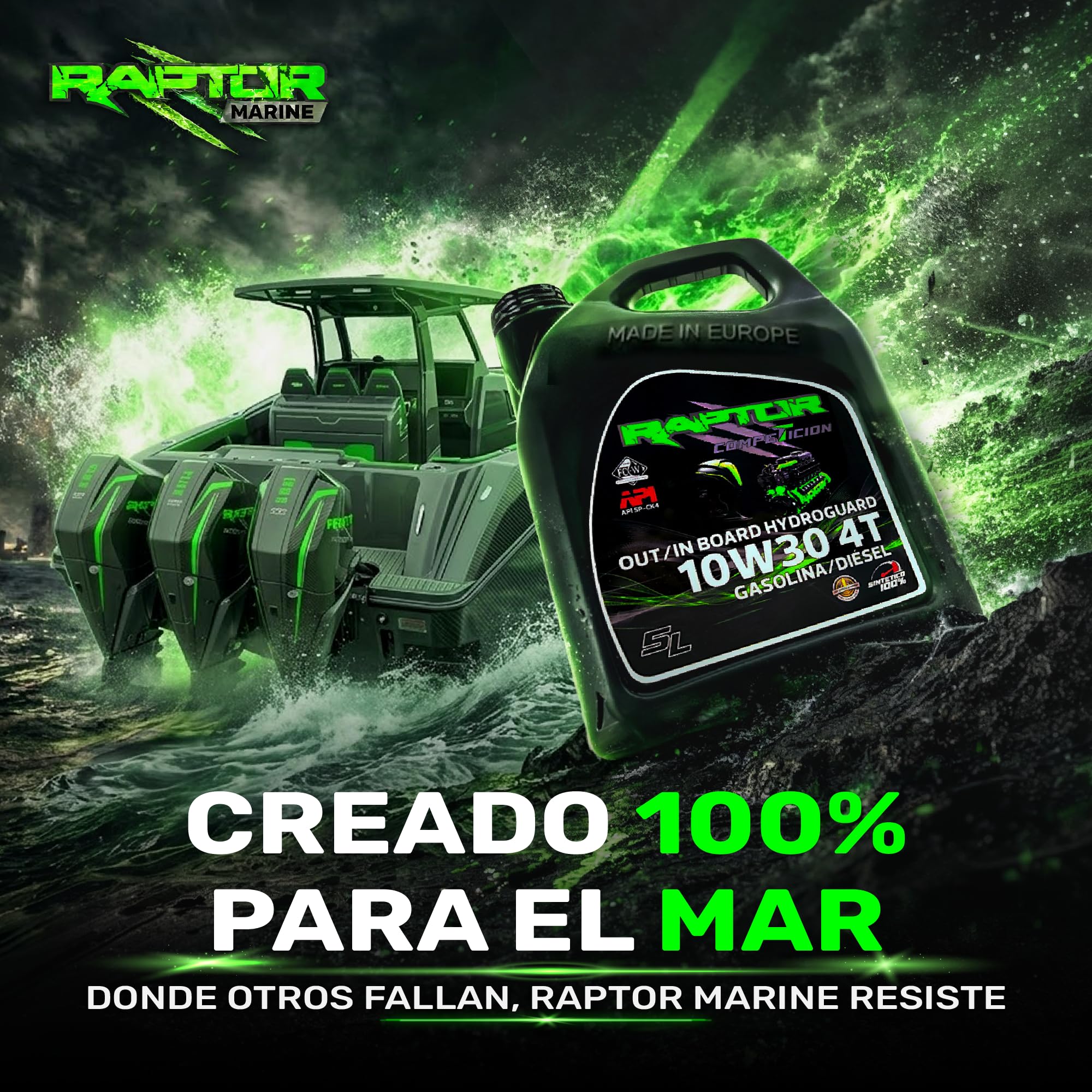 Raptor Marine - Aceite Motor Marino 10W30 100% Sintético Hydroguard | 5L | Fueraborda e Intraborda 4T | Gasolina y Diésel | Anticorrosión | NMMA FC-W, API SP