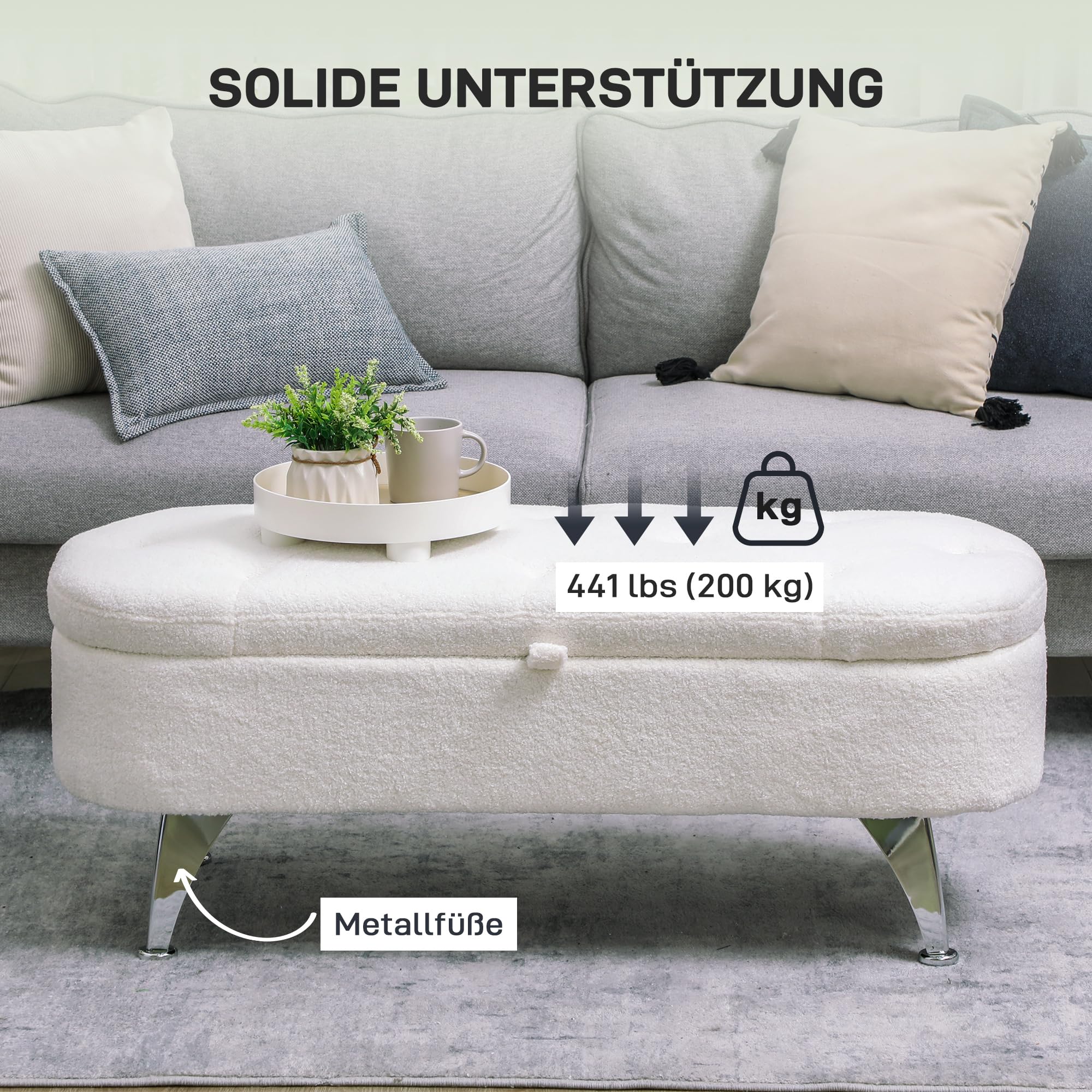 HOMCOM Banco de almacenamiento acolchado con tapa, con aspecto de oso de terciopelo, para pasillo, dormitorio, salón, estructura de metal, 114 x 47 x 46,5 cm, color blanco