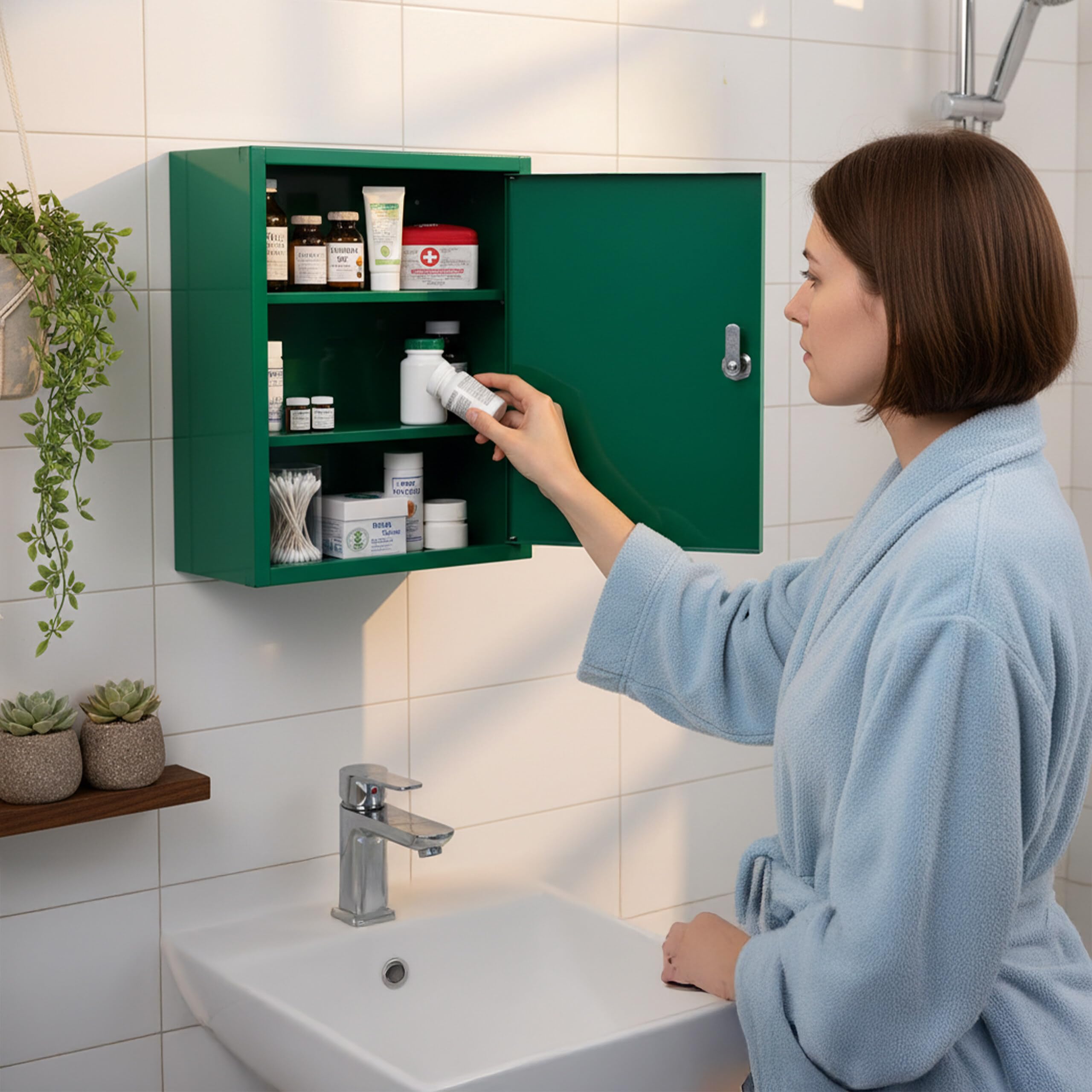 Armoire à Pharmacie Relaxdays, verrouillable, 3 espaces, H x L x P : 36 x 31 x 10 cm, pour médicaments, Verte