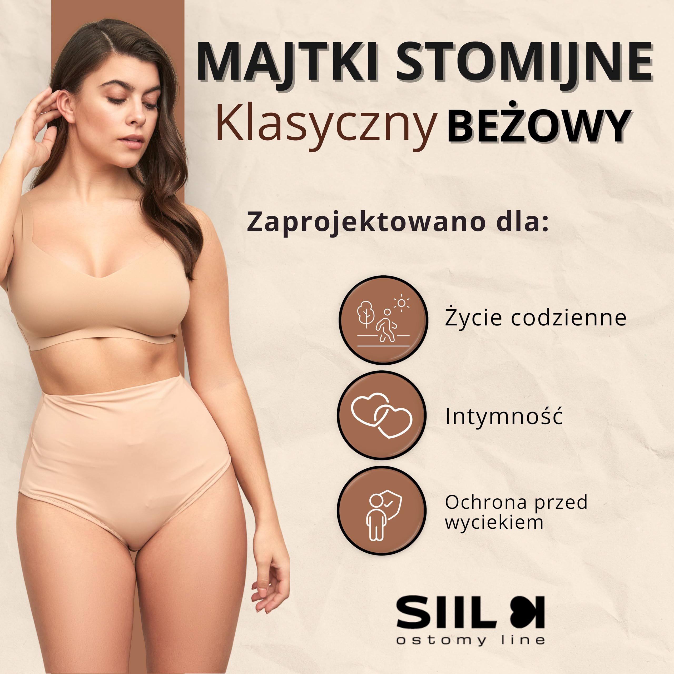 SIIL Bielizna stomijna dla kobiet, beżowa, na stomię, torby stomijne, XS-XXL, wyprodukowano w Europie