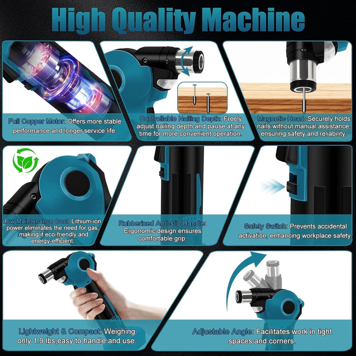 WALFRONT Compact Electric Hammer with LED Light, Designed for BL1830B BL1840B BL1850B Batteries, Cordless Palm Nailer for Power Framing Nailer