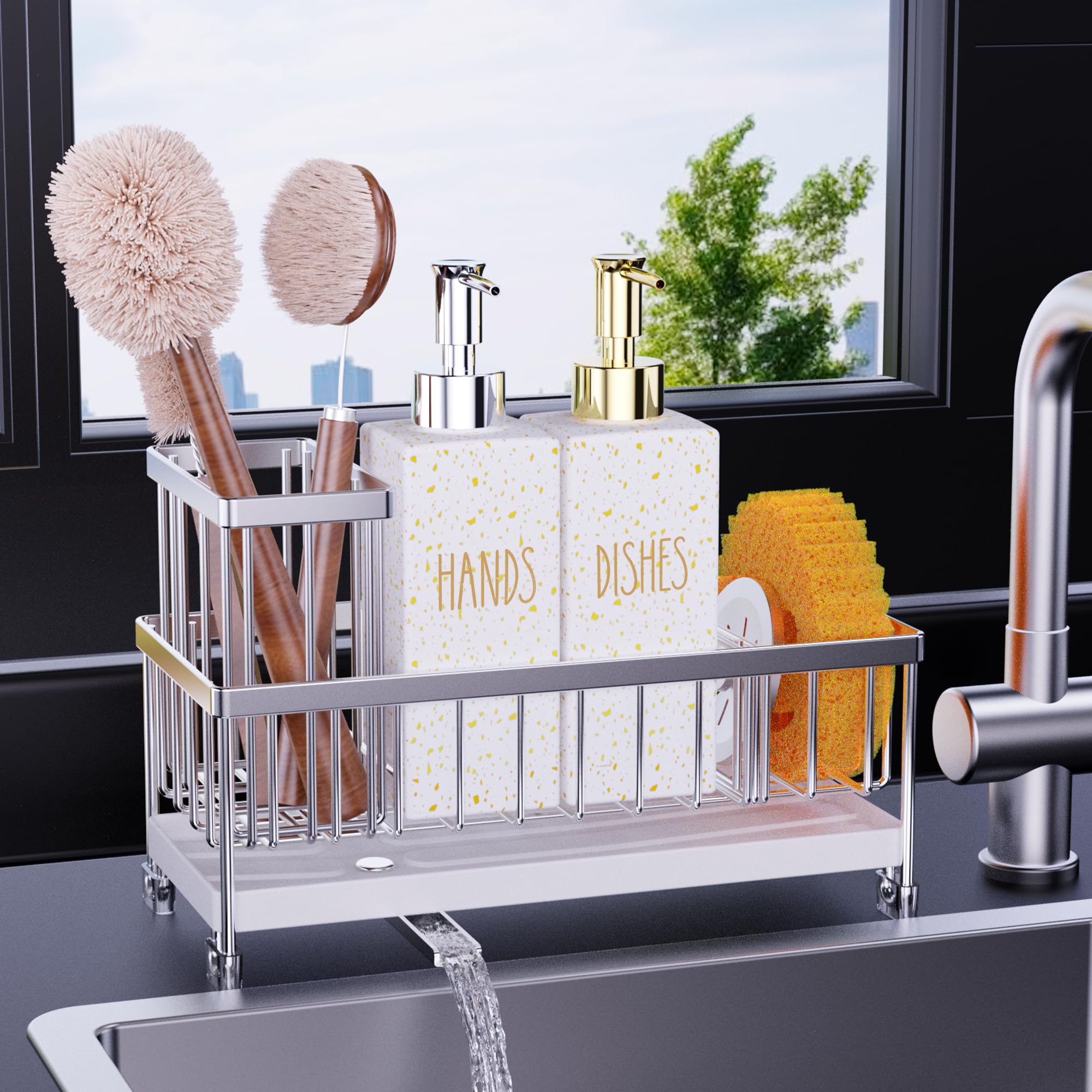 Photo 1 of [PARTIAL SET] Cisily Kitchen Soap Dispenser Set with Sink Caddy, Glass Bottle, Hand and Dish Soap Dispenser Set with Sponge Holder (White Bottles + Silver Sponge Holder)