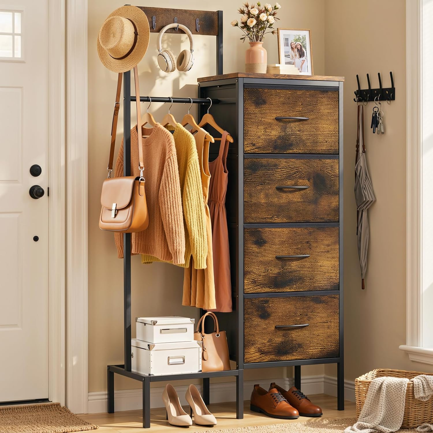 Lewondr Dresser with Hanging Rack and Storage Drawers, 4 Drawer with Hooks and Rack, Rustic Entryway Organizer for Accessories, Brown Wood Finish