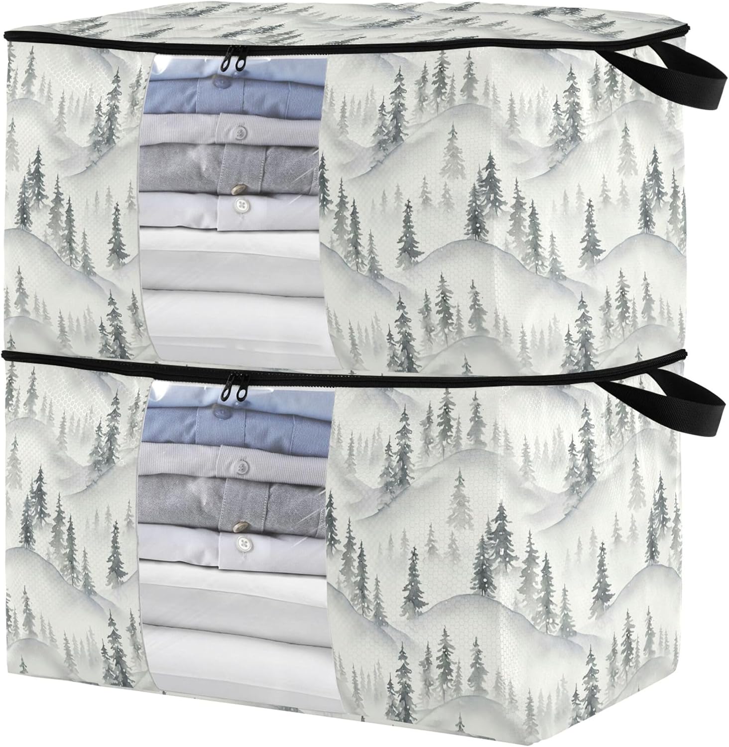 Burbuja 2 Pack Storage Bag Organizer with Handles for Clothes, Blankets, Bedding, Mountain Tree Foldable Storage Bag with Zipper & Clear Window, 95L