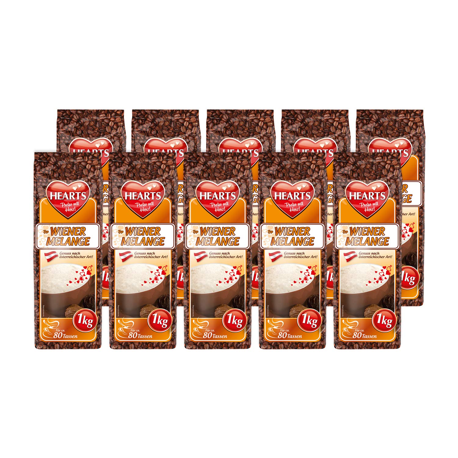 HEARTS Cappuccino Wiener Melange 10 x 1 kg - Genuss nach österreichischer Tradition, ca. 80 Portionen pro Beutel, Familienpackung, intensives Aroma, feinste Kaffeespezialität
