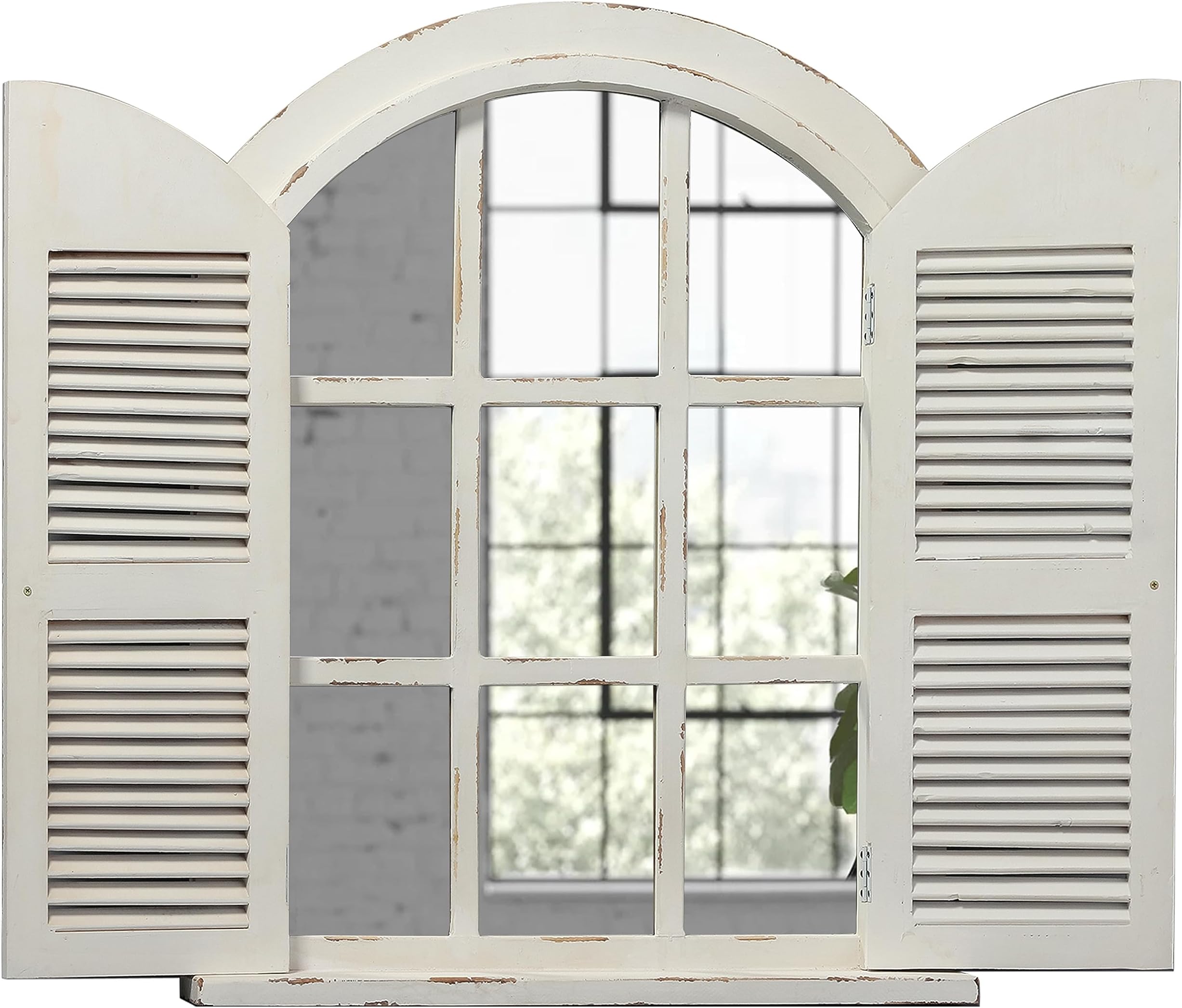 Farmhouse Arched Window Mirror with Shutters 35 x 28 inches, Hanging Distressed White Rustic Decorative Window Shutters Mirrors for Wall Decor Living Room, Wooden Wall-Mounted Mirrors