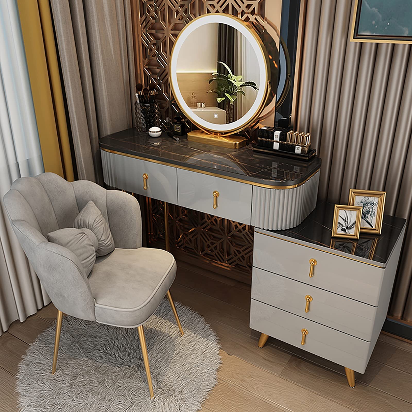 asdchZen 31.5" Makeup Vanity Desk Set With Adjustable Lights Cushioned Stool Modern Gray Dressing Table For Bedroom & Studio Ideal For Makeup Application & Beauty Routine