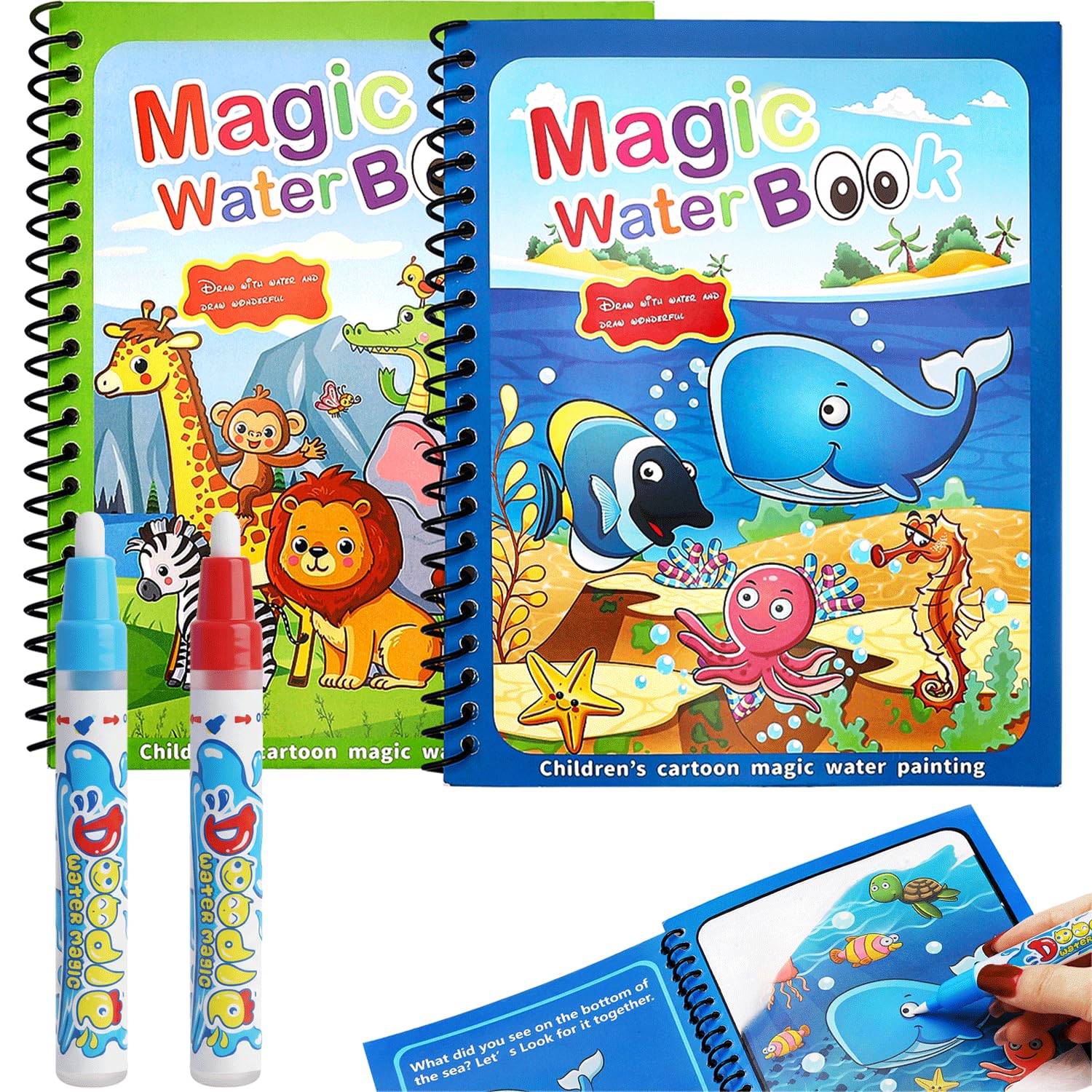 2 libri da colorare ad acqua con 2 penne ad acqua per bambini, riutilizzabili, Aqua Doodle Baby libro da colorare Water Wwow, libro da colorare ad acqua a partire dai 2 anni, Magic Water Book