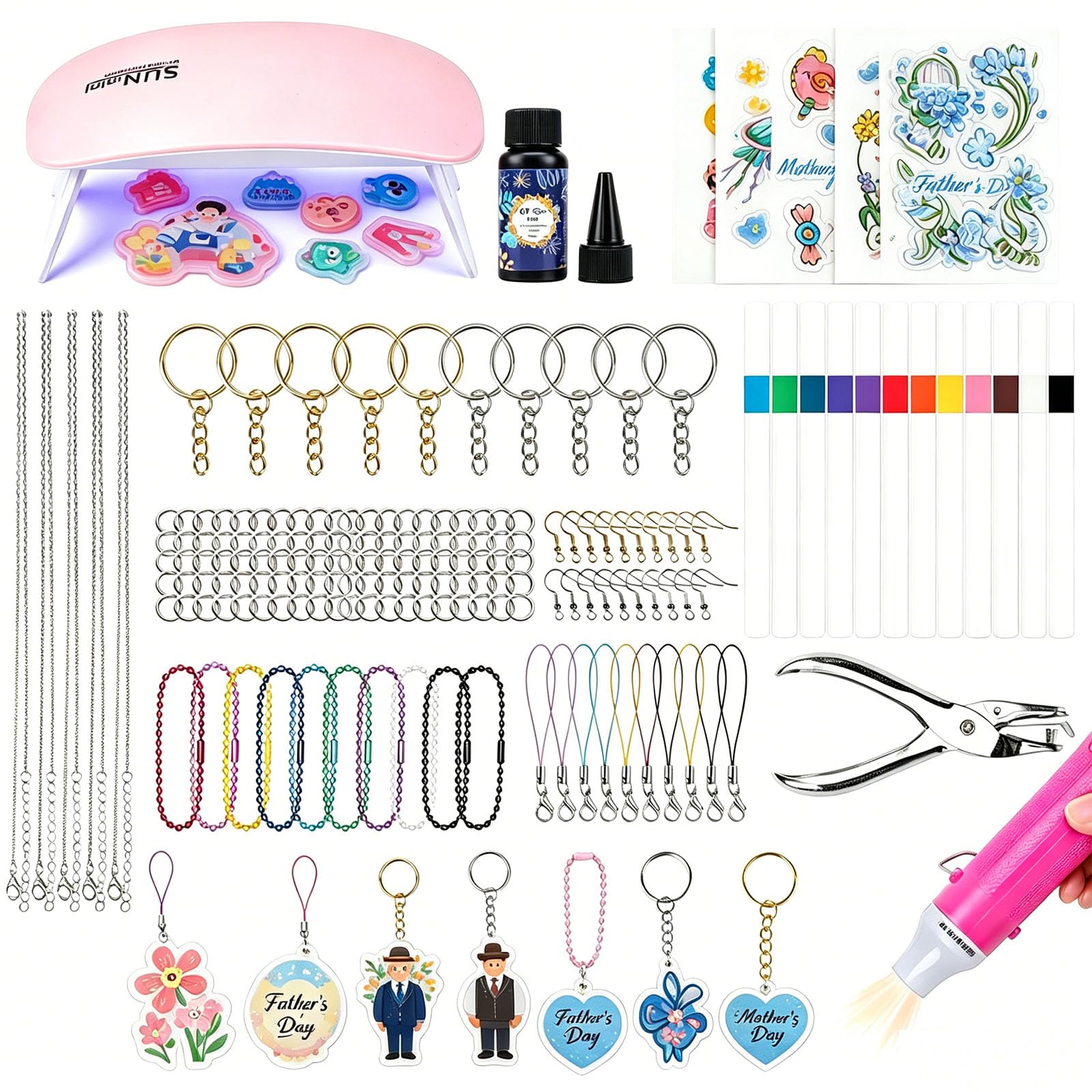JelyArt Kit Plastique Fou 182 pièces – 20 feuilles de plastique dingue + Pistolet à air chaud + Résine UV + Lampe UV + Accessoires pour porte-clés – Shrink plastic sheets Film thermorétractable