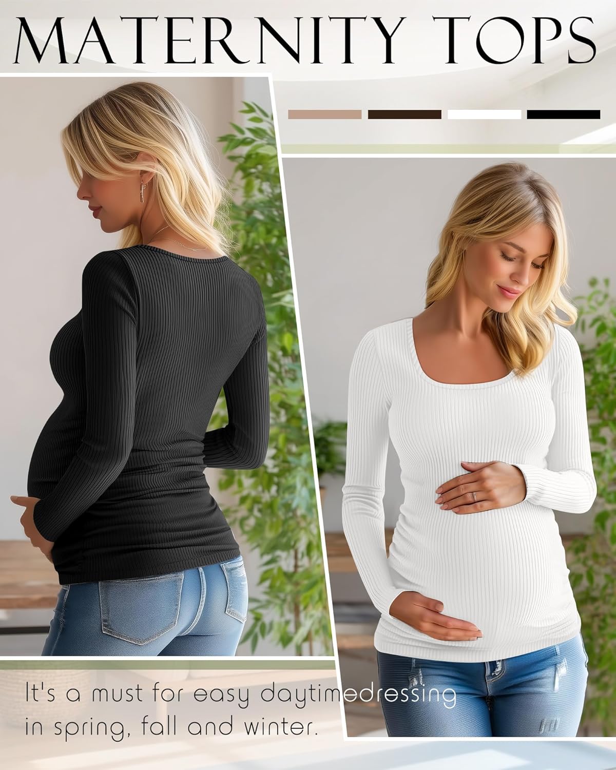 Huukeay 4 Pack Women's Cotton Maternity Tops Long Sleeve Ribbed Side Ruched Scoop Neck Shirts Casual Mama Pregnancy Clothes - Image 5