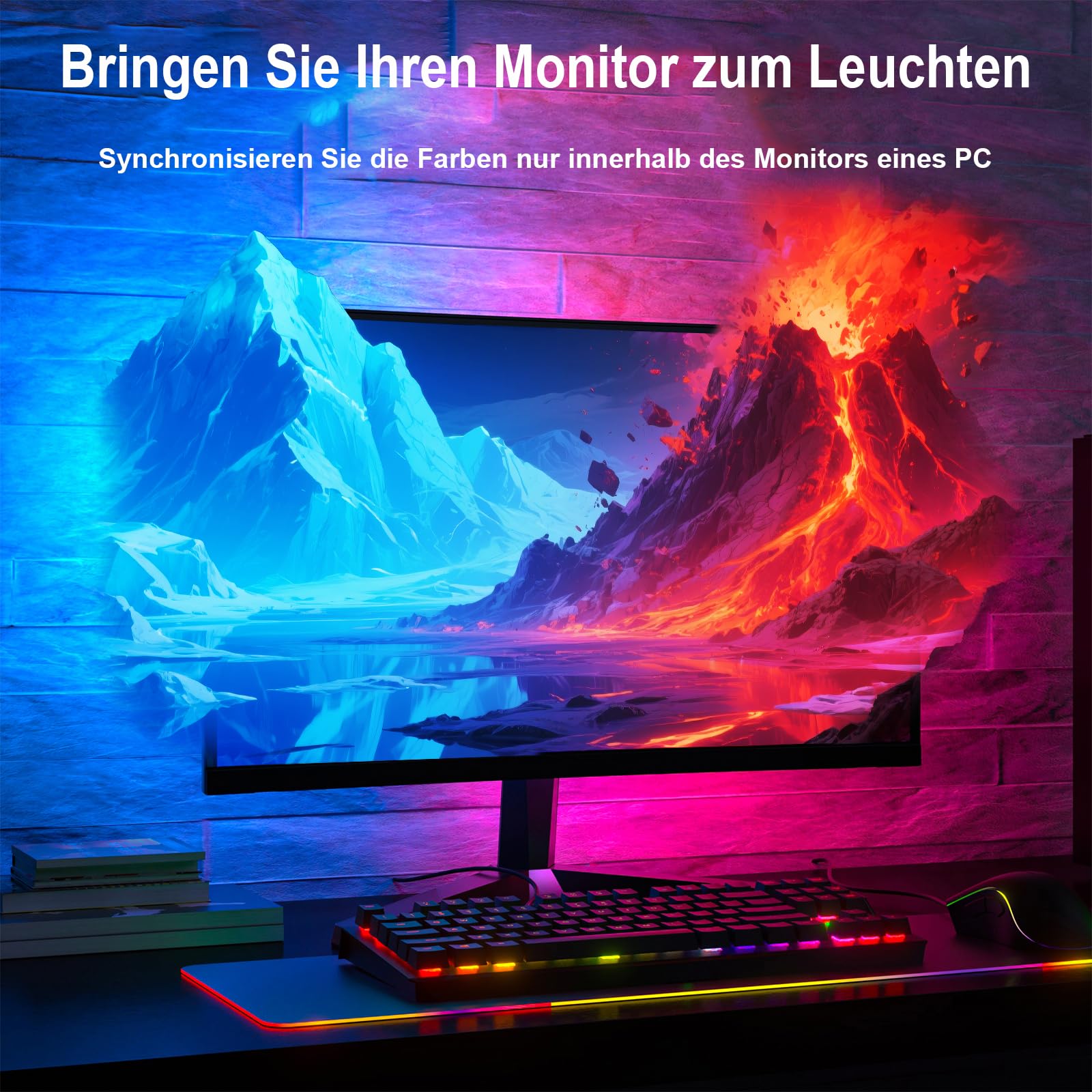 4 sides 24-27 Zoll PC Monitor Hintergrundbeleuchtung,RGBIC LED-Lichtstreifen synchron mit Bildschirmfarbe und Musik für Spiele, Filme usw., einfach zu verwenden ohne Kamera, Softwaresteuerung