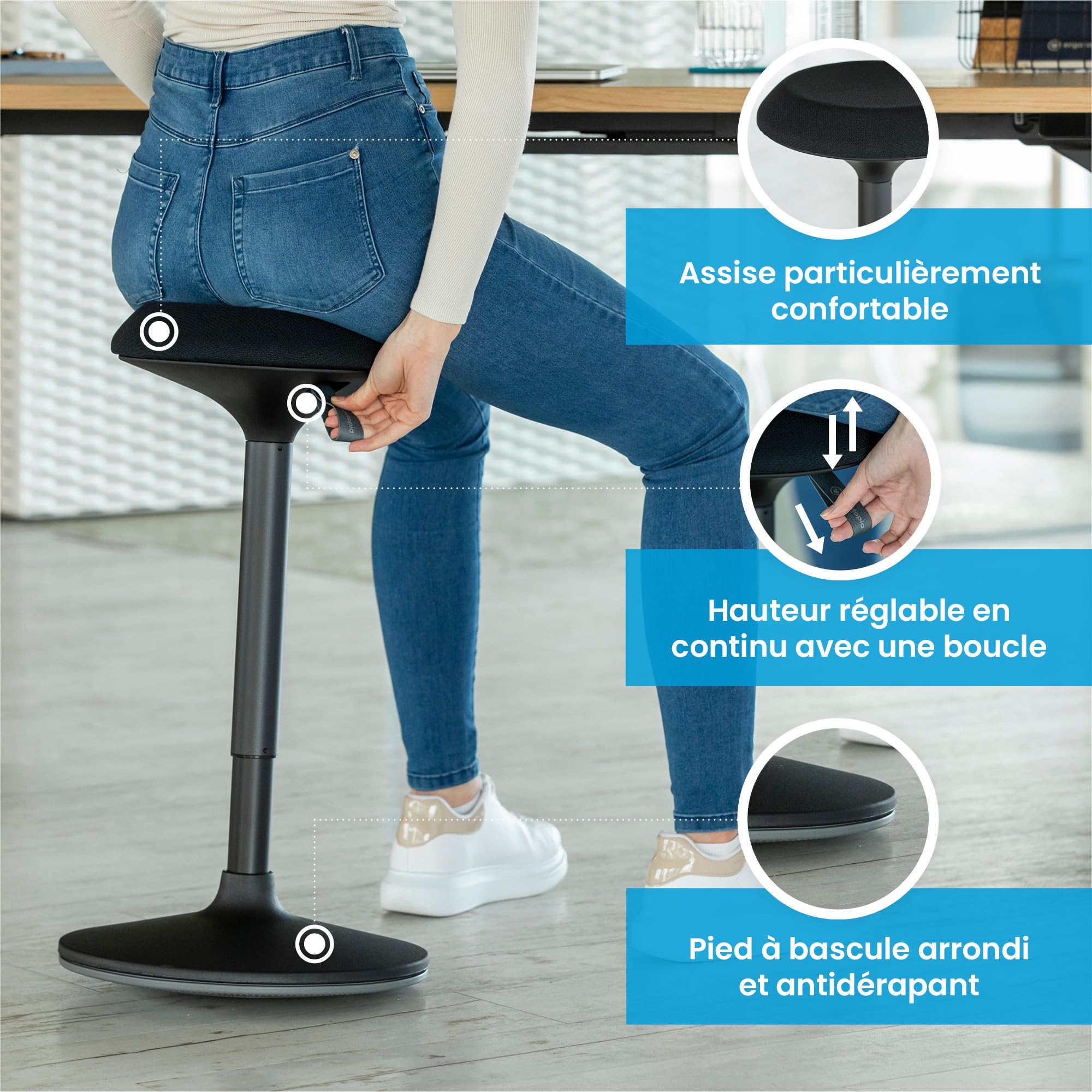 Ergotopia Tabouret Ergonomique Dyko - Tabouret de Bureau avec Effet Oscillant - Assise Réglable de 56 à 83 cm - Siège Rotatif à 360° avec Pied Dynamique - Chaise Haute Assis Debout