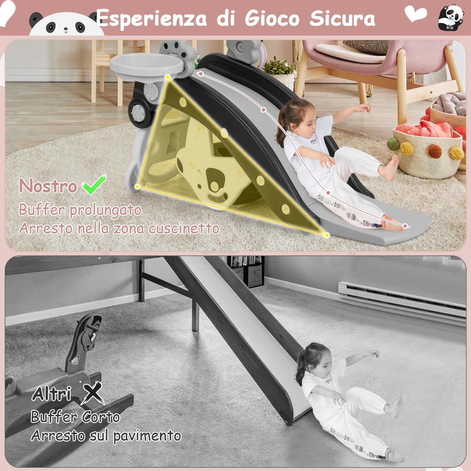 RELAX4LIFE 5 in 1 Set Cavallo a Dondolo con Scivolo e Canestro da Basket e Palla e Lancia di Anelli, Struttura Stabile con carico di 60 kg, 105 x 72 x 57 cm (Modello 4 NERO)