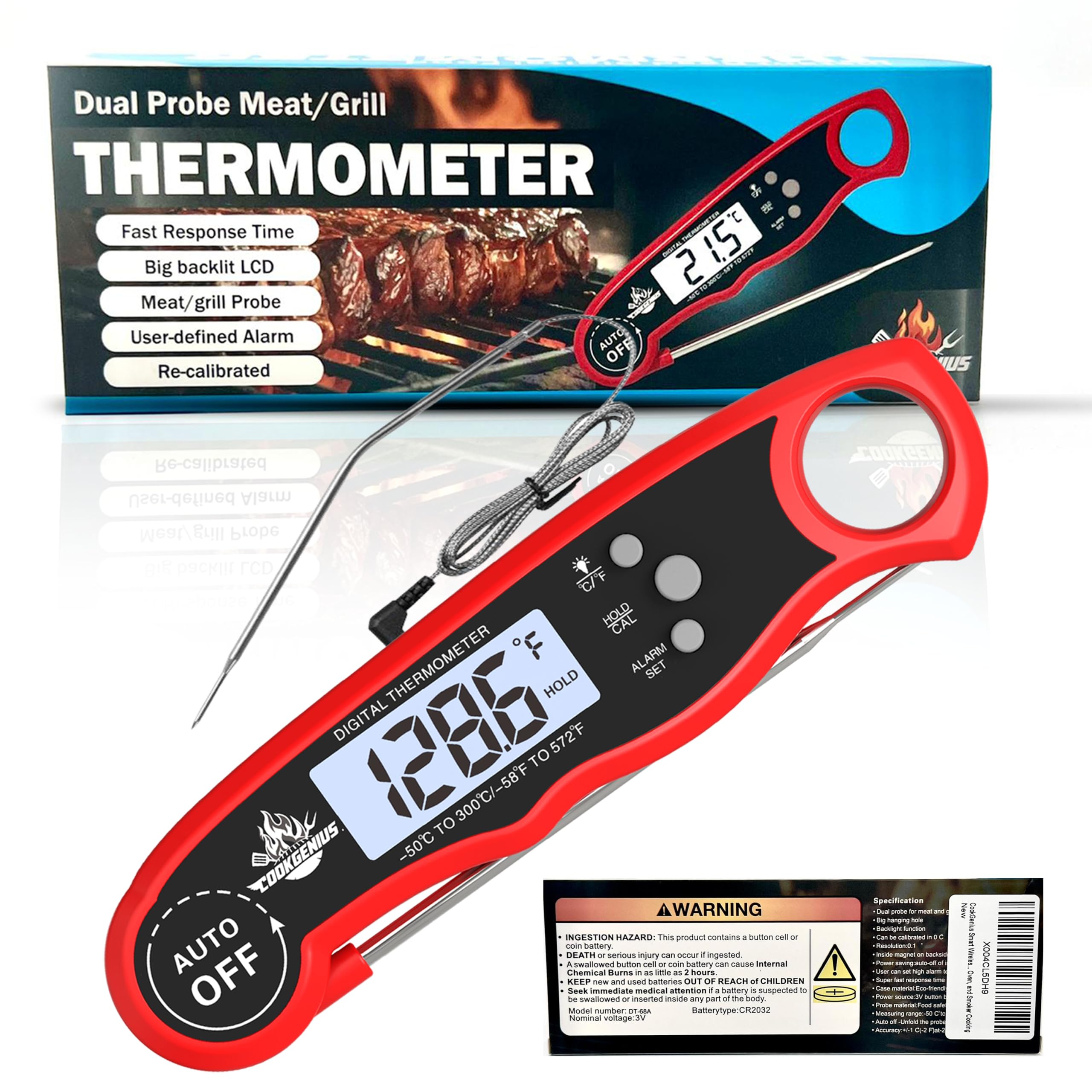 CookGenius Meat Thermometer for Cooking and Grilling | Instant-Read Food Thermometer with High-Accuracy Probe | Smart Thermometer with Temperature Sensor Wire for Grill, BBQ, Oven,etc