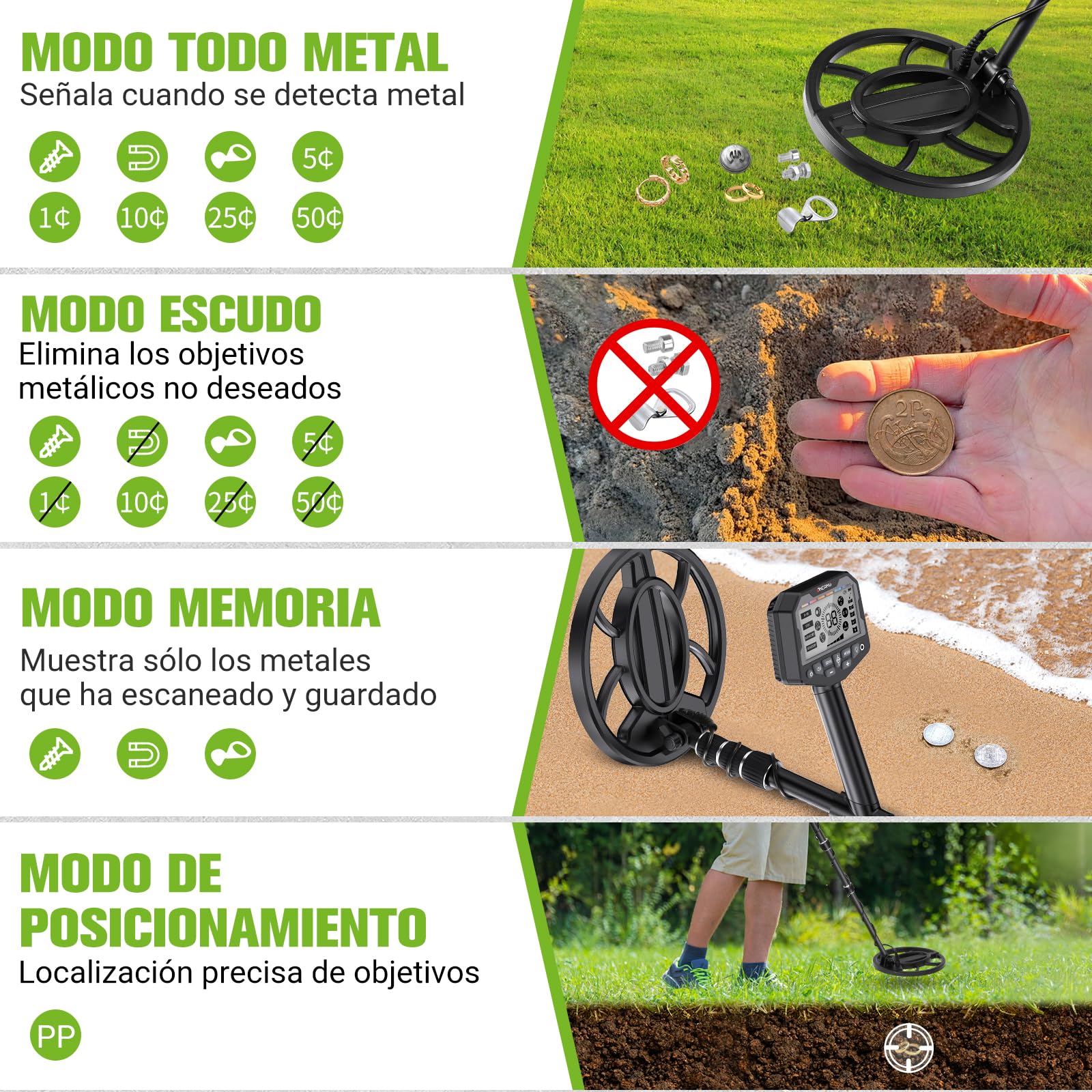 Detector de Metales,Metal Detector para Niños y Adultos 5 Modos IP68 Waterproof Coil Detector de Metales Profesional con Auriculares, Pala Excavadora y Mochila